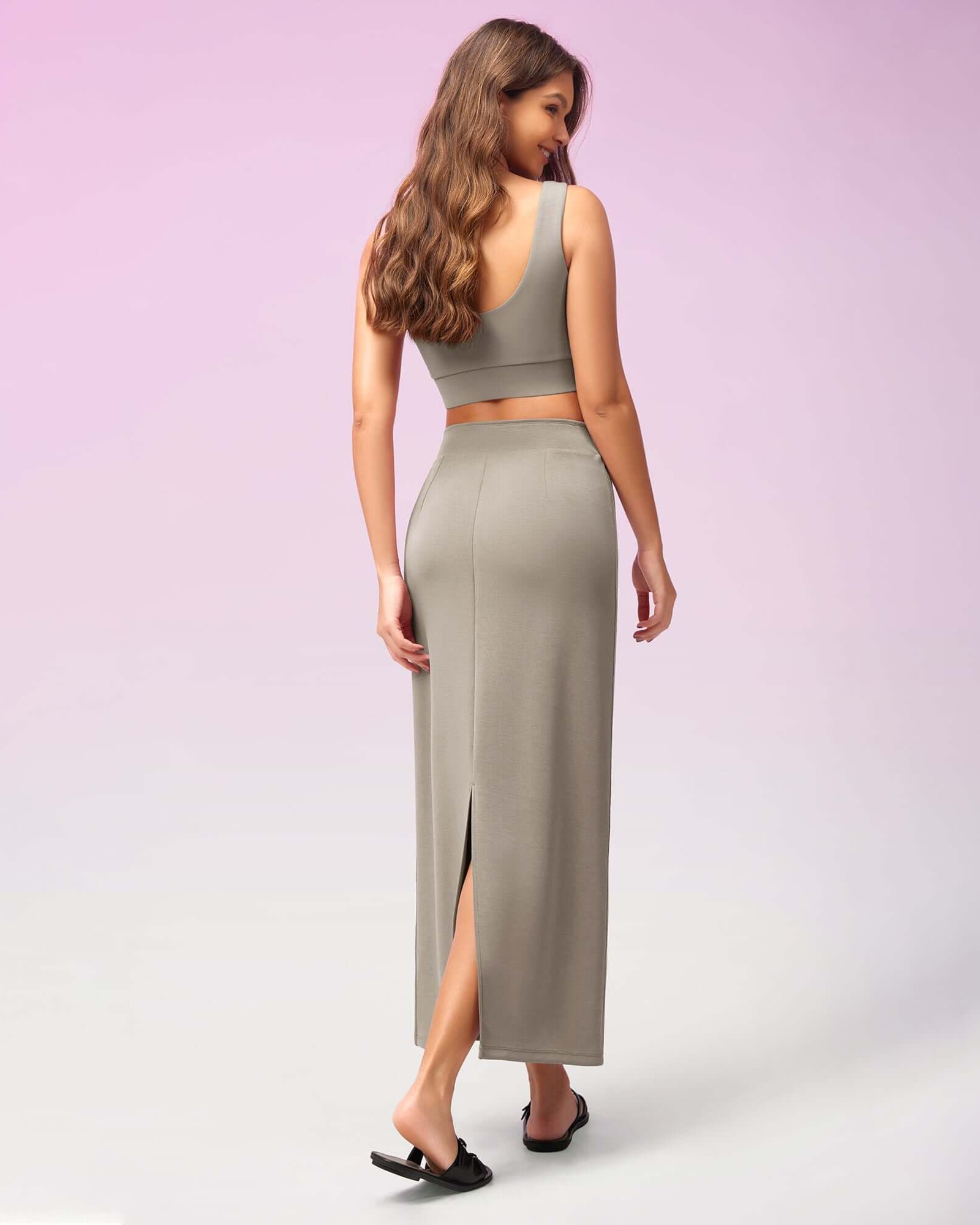 Modal Soft Back Slit Casual Maxi Skirts Khaki - ododos