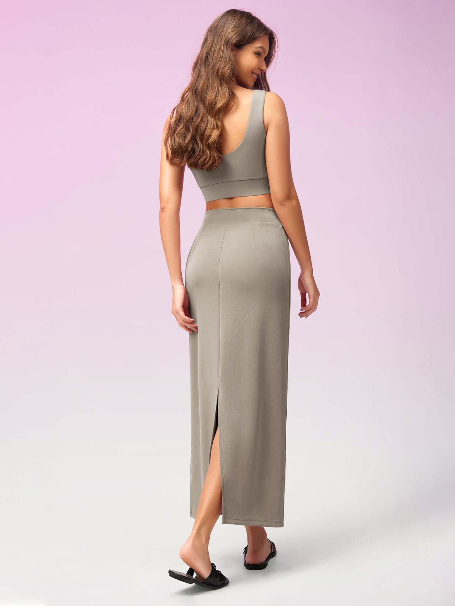 Modal Soft Back Slit Casual Maxi Skirts Khaki - ododos