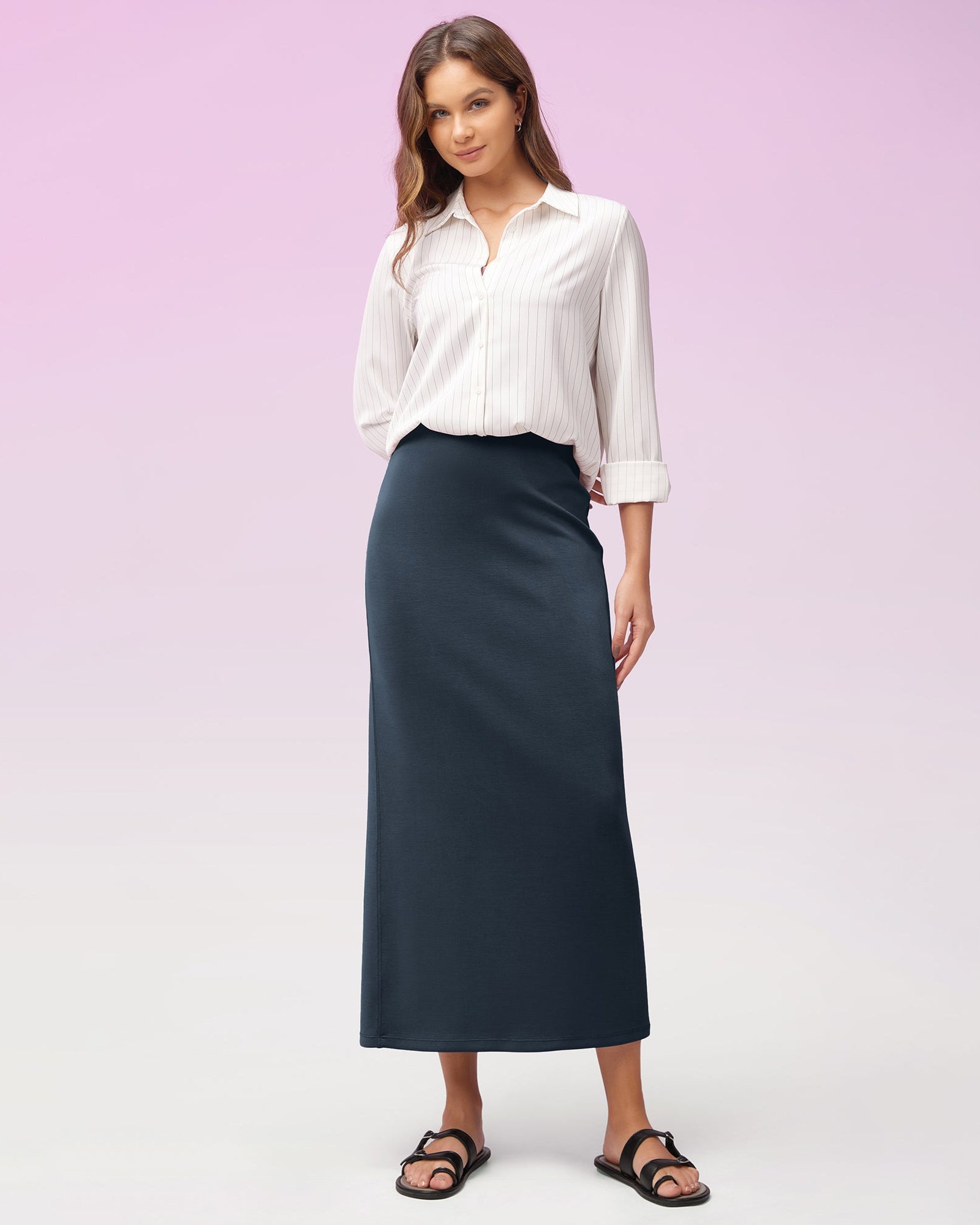 Modal Soft Back Slit Casual Maxi Skirts Navy - ododos