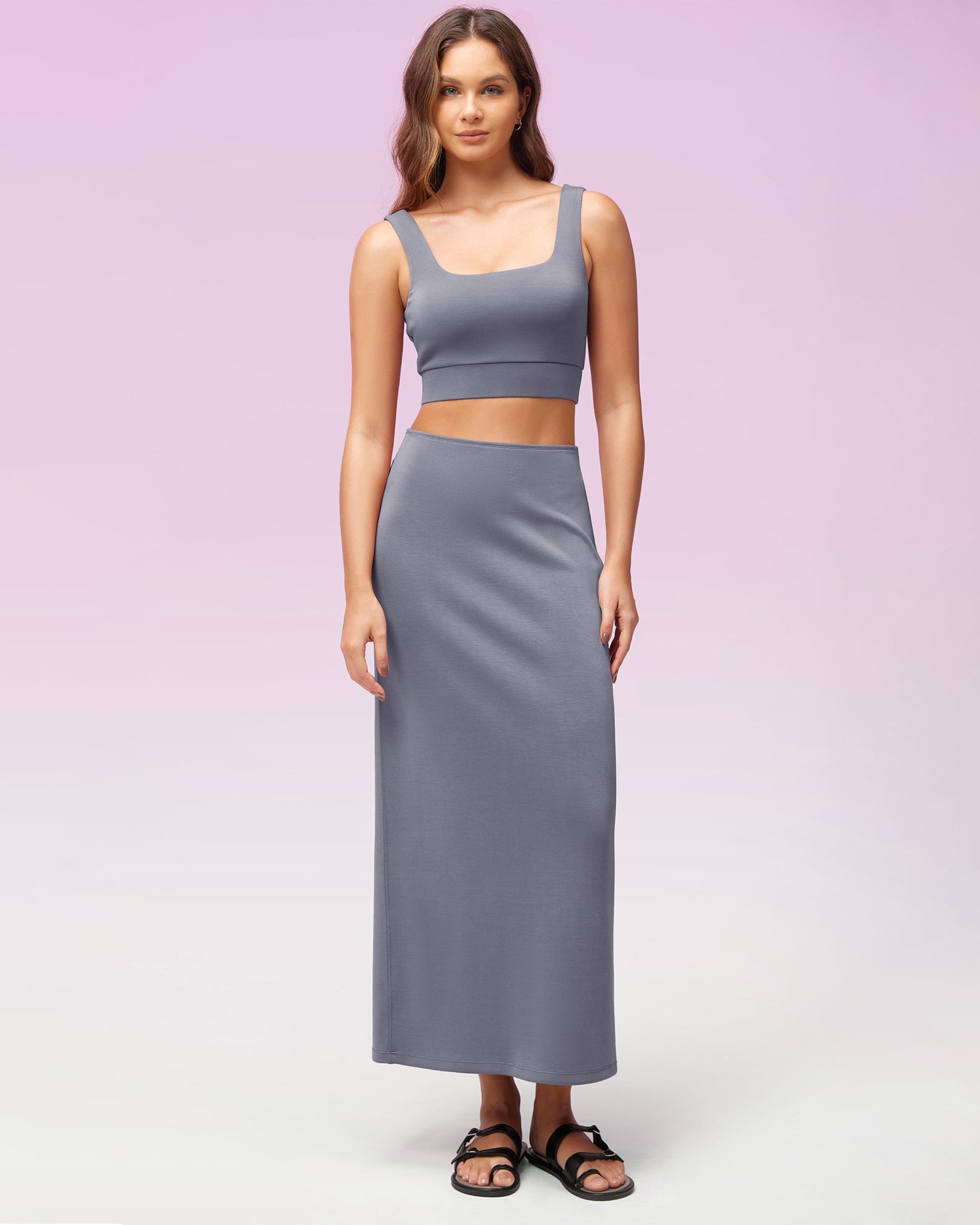 Modal Soft Back Slit Casual Maxi Skirts Purple Gray - ododos