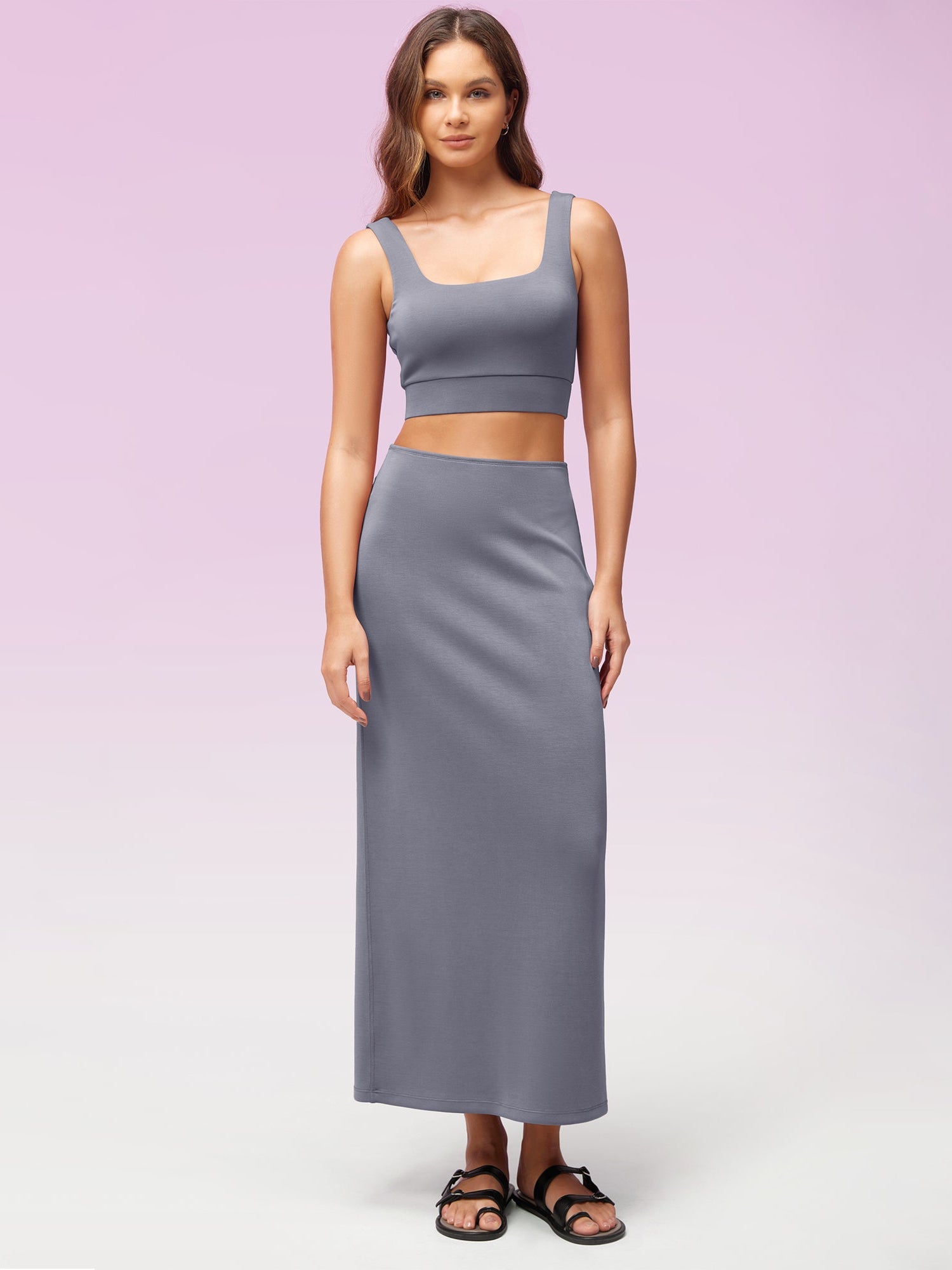 Modal Soft Back Slit Casual Maxi Skirts Purple Gray - ododos