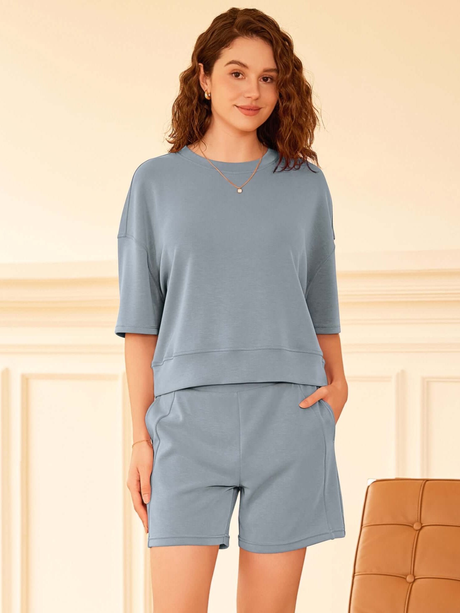 Modal Soft Oversized Crew Neck Short Sleeve T-Shirts Grey Blue - ododos