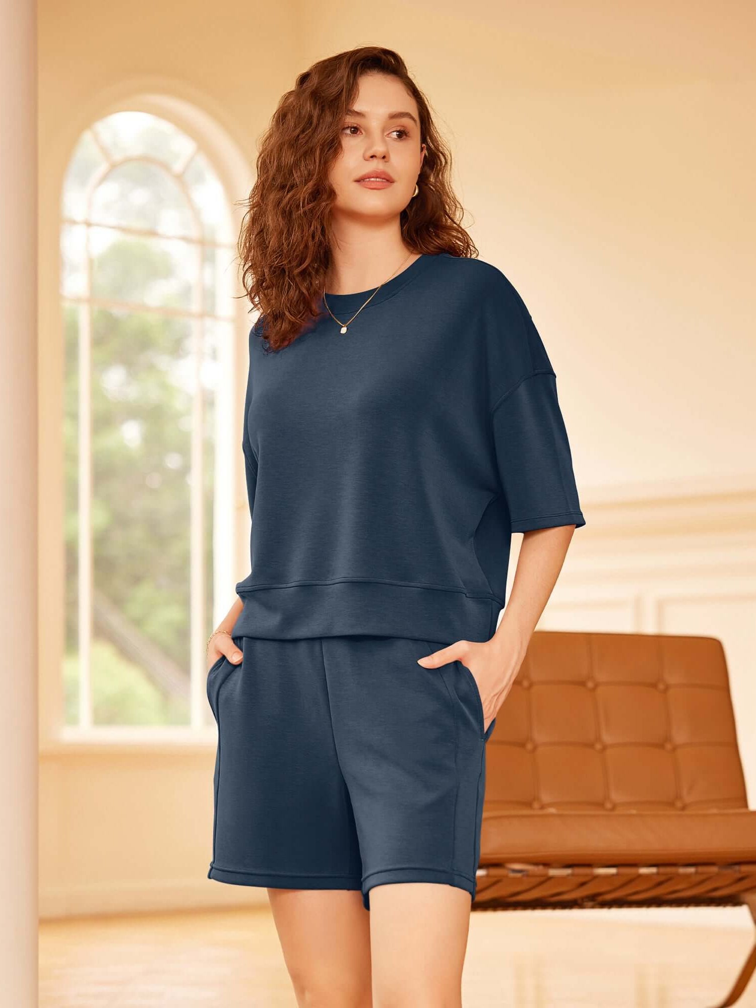 Modal Soft Oversized Crew Neck Short Sleeve T-Shirts Navy - ododos