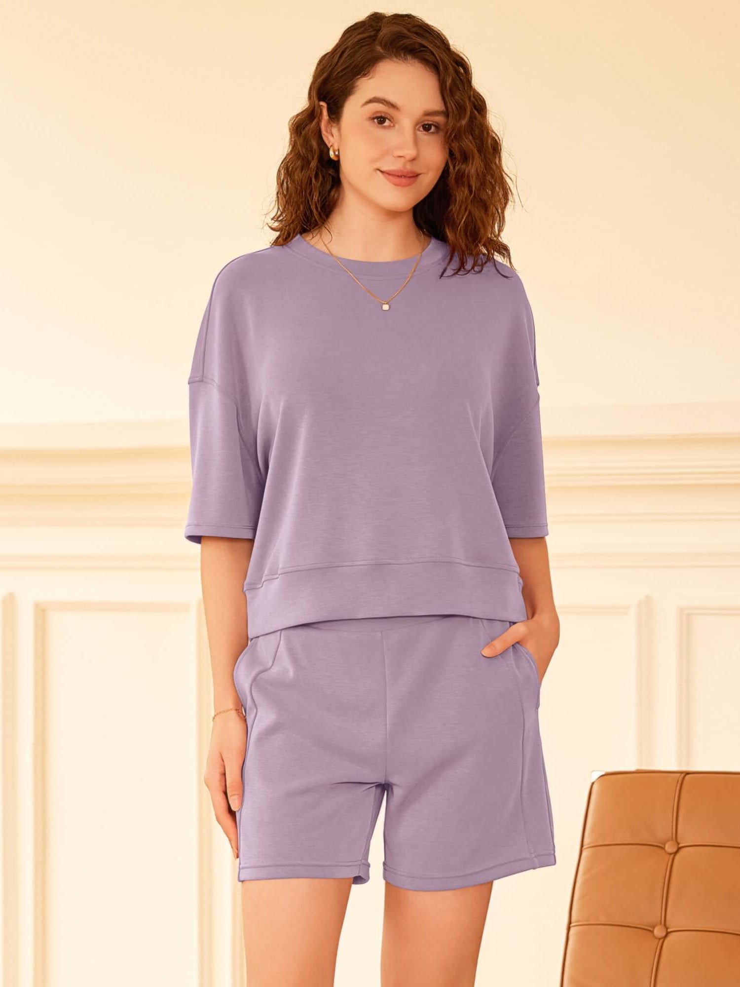 Modal Soft Oversized Crew Neck Short Sleeve T-Shirts Taro Purple - ododos