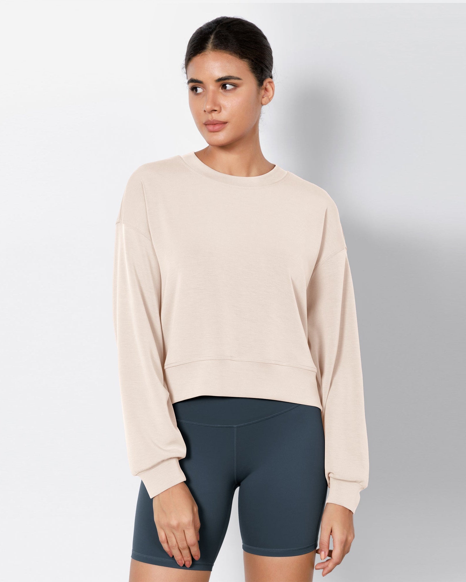 Modal Soft Long Sleeve Cropped Sweatshirts Beige - ododos