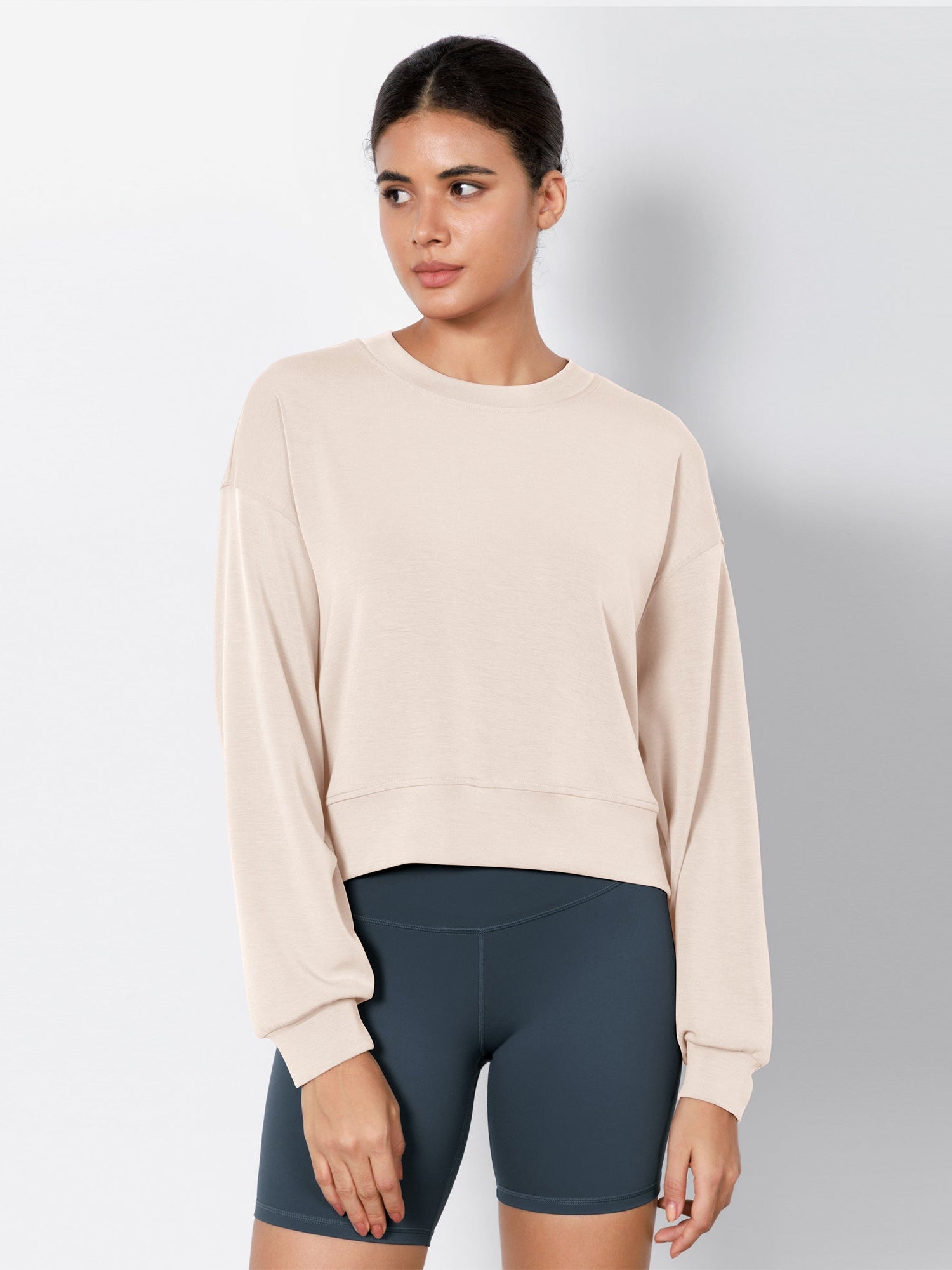 Modal Soft Long Sleeve Cropped Sweatshirts Beige - ododos
