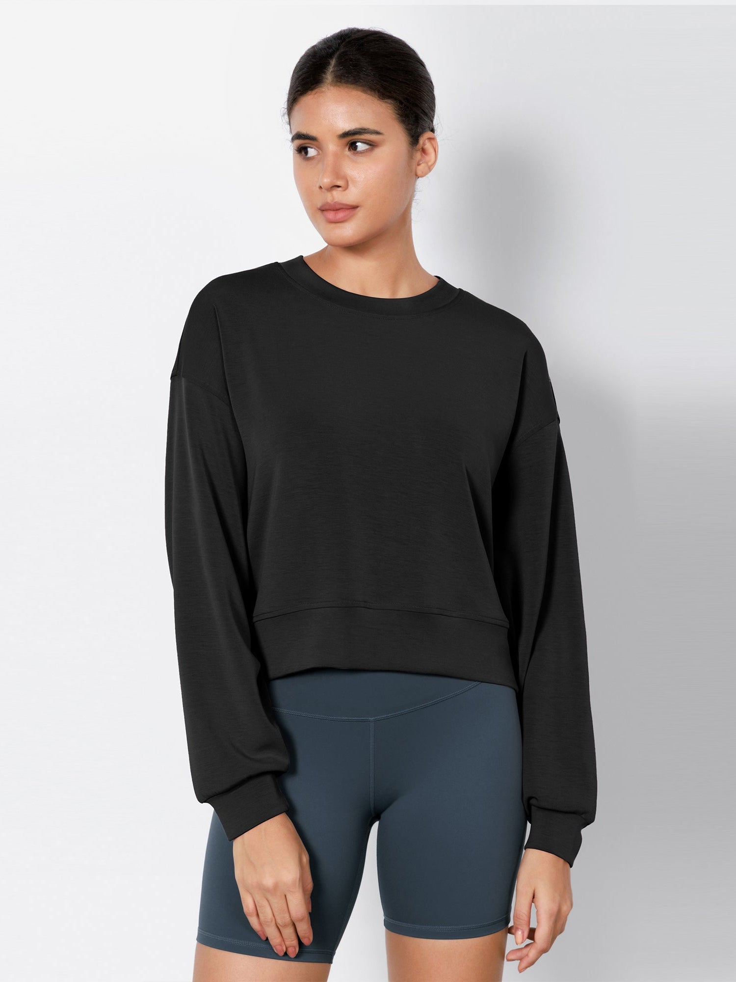 Modal Soft Long Sleeve Cropped Sweatshirts Black - ododos