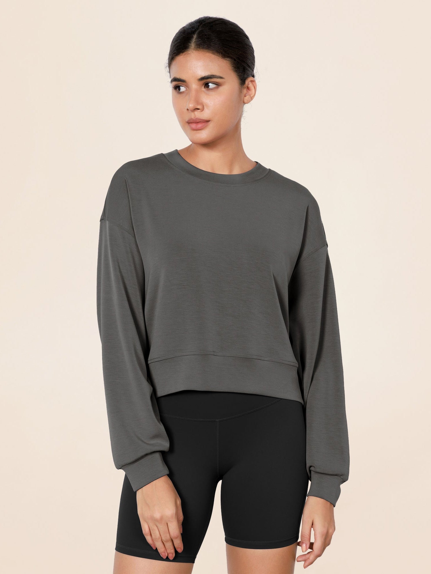 Modal Soft Long Sleeve Cropped Sweatshirts Charcoal - ododos