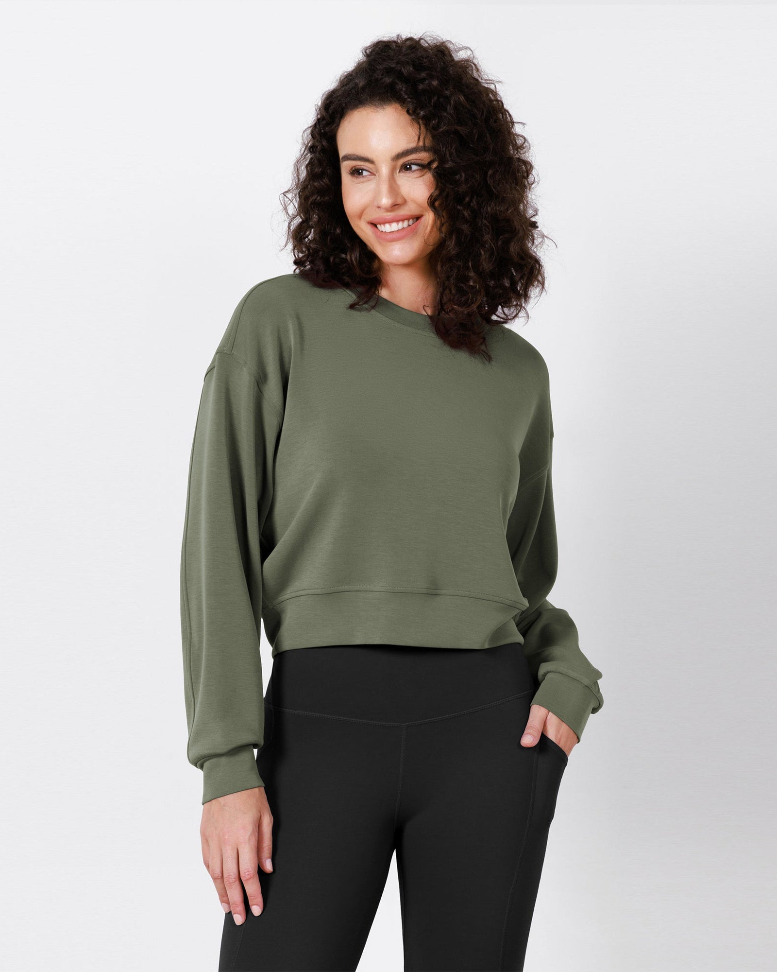 Modal Soft Long Sleeve Cropped Sweatshirts Dark Sage - ododos