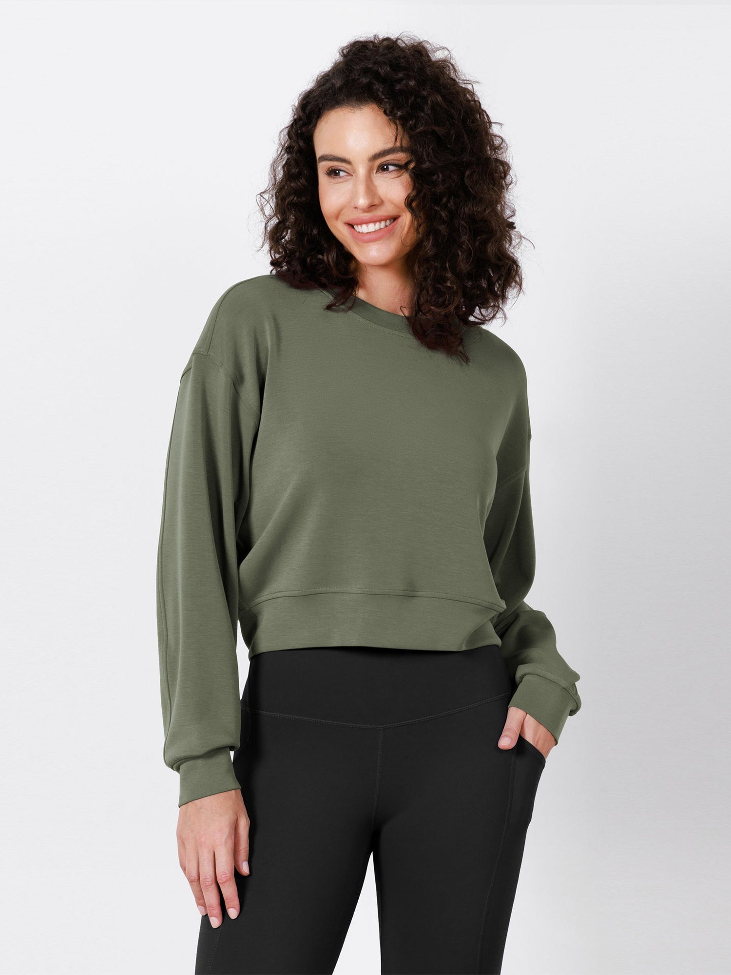 Modal Soft Long Sleeve Cropped Sweatshirts Dark Sage - ododos