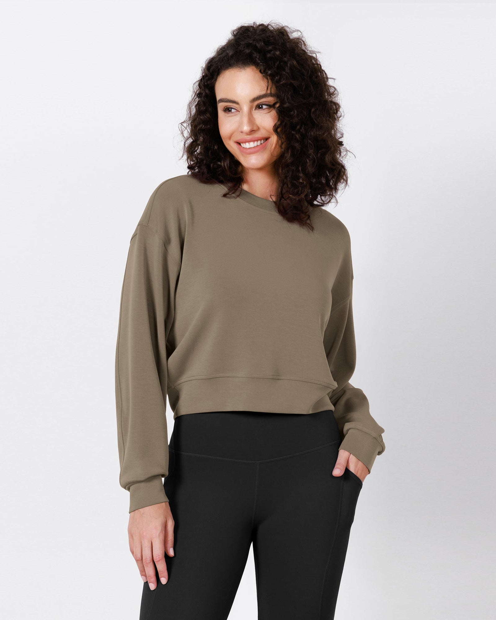 Modal Soft Long Sleeve Cropped Sweatshirts Espresso - ododos