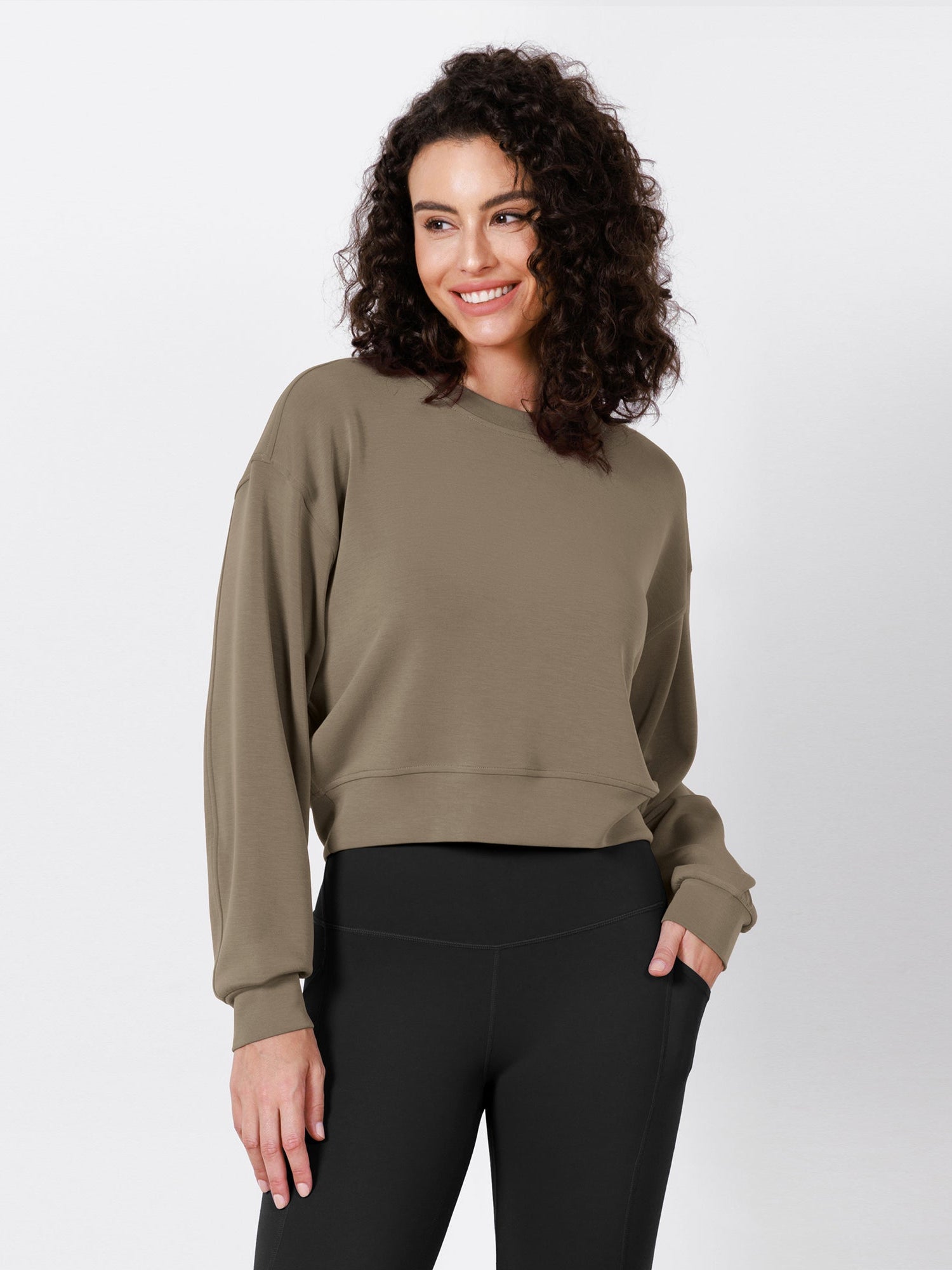 Modal Soft Long Sleeve Cropped Sweatshirts Espresso - ododos