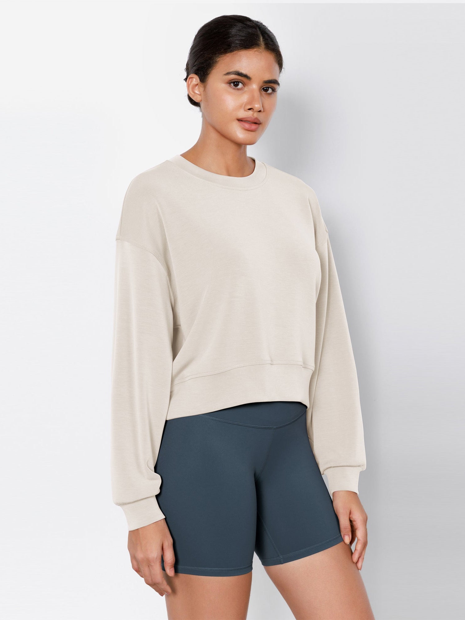 Modal Soft Long Sleeve Cropped Sweatshirts Ivory - ododos