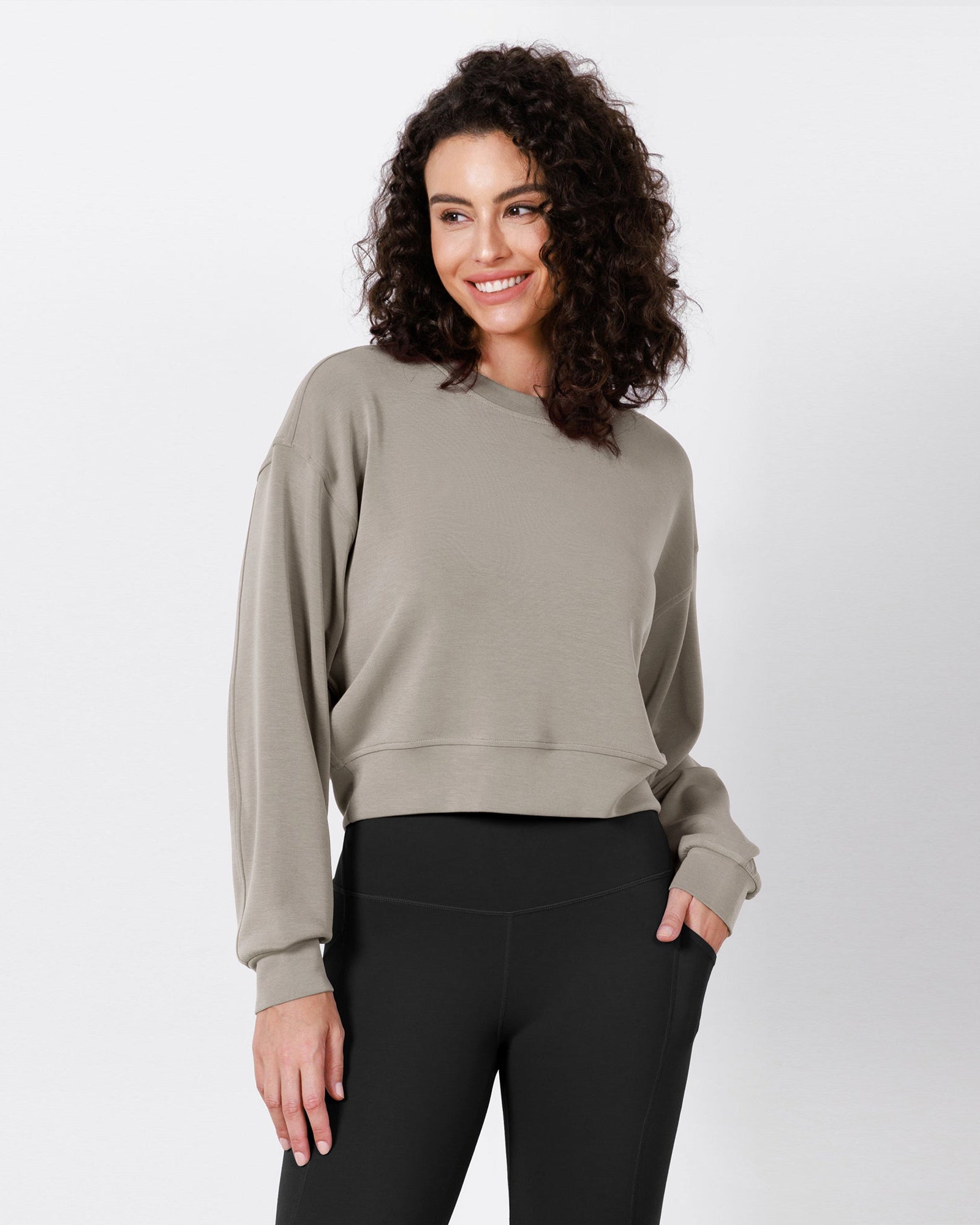 Modal Soft Long Sleeve Cropped Sweatshirts Khaki - ododos