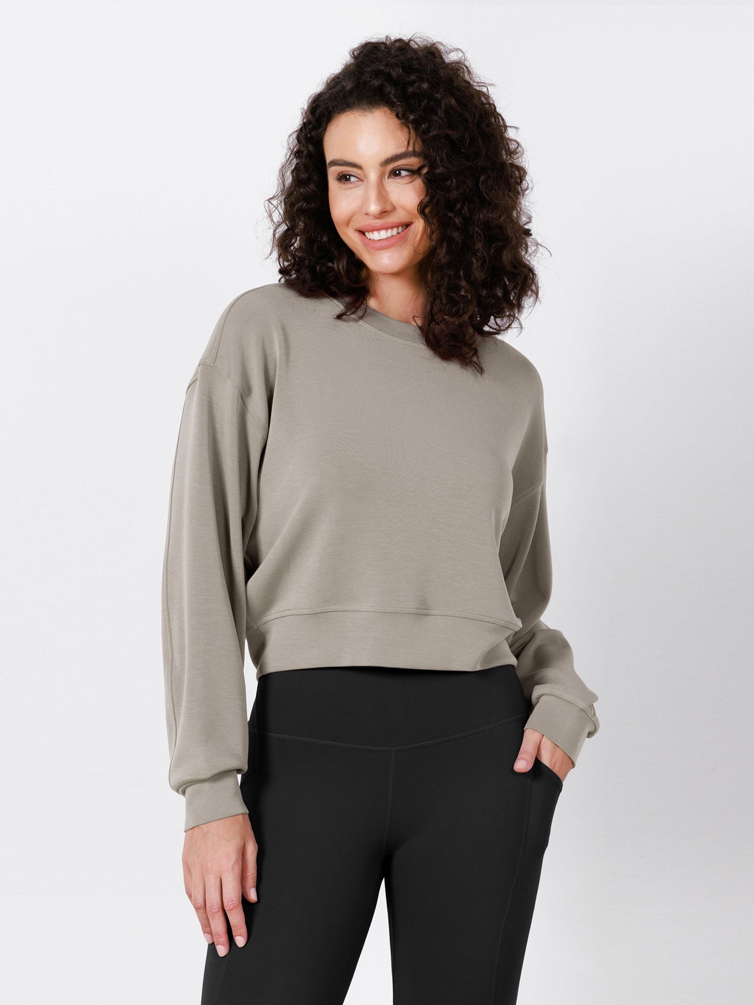 Modal Soft Long Sleeve Cropped Sweatshirts Khaki - ododos