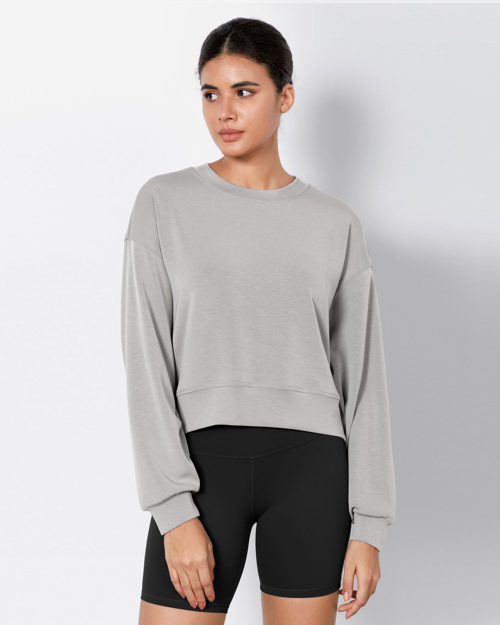 Modal Soft Long Sleeve Cropped Sweatshirts Light Gray - ododos
