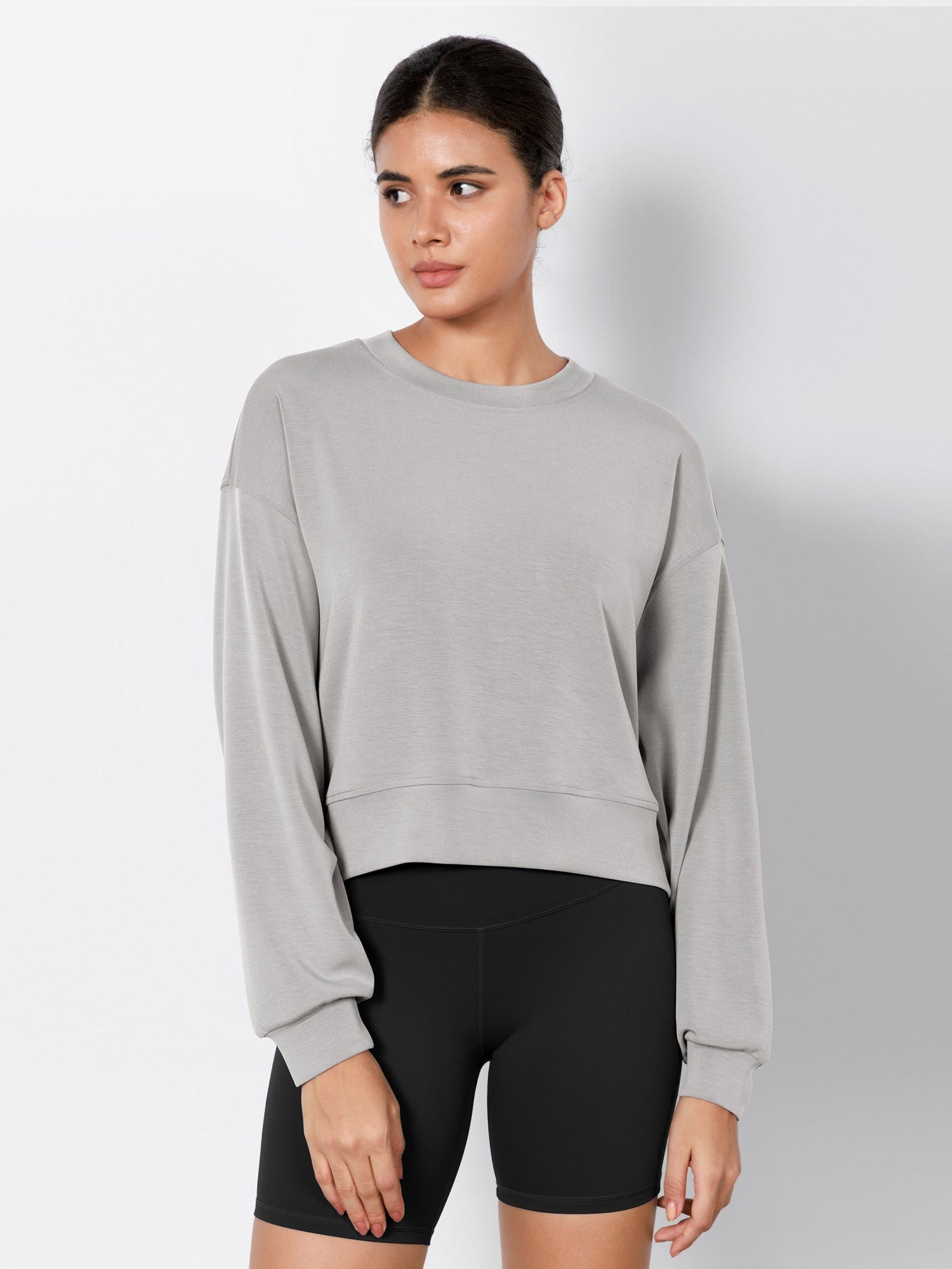Modal Soft Long Sleeve Cropped Sweatshirts Light Gray - ododos