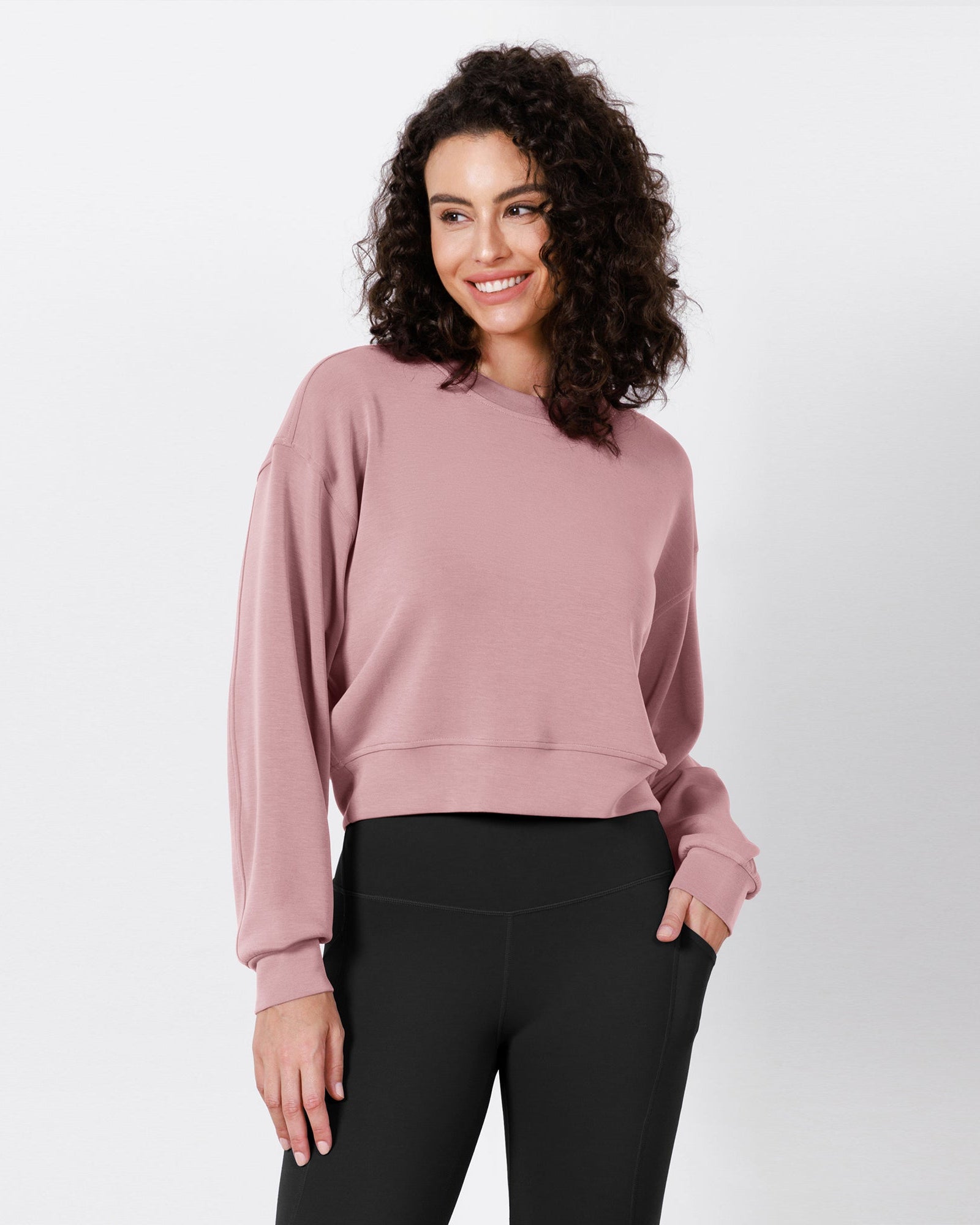 Modal Soft Long Sleeve Cropped Sweatshirts Light Pink - ododos