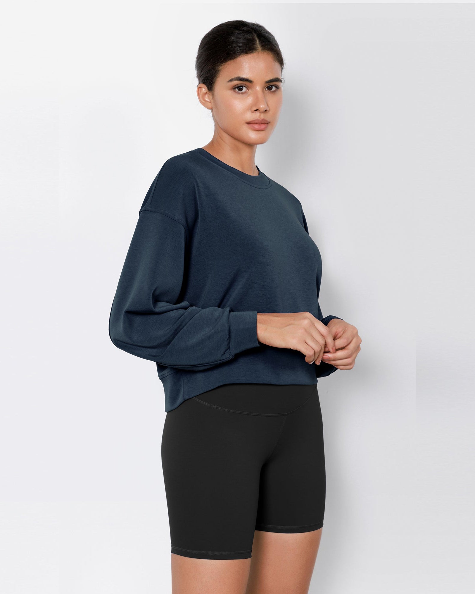 Modal Soft Long Sleeve Cropped Sweatshirts Navy - ododos