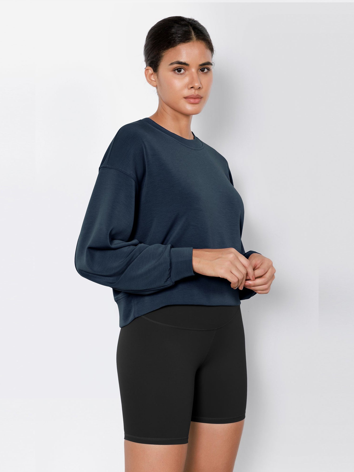 Modal Soft Long Sleeve Cropped Sweatshirts Navy - ododos