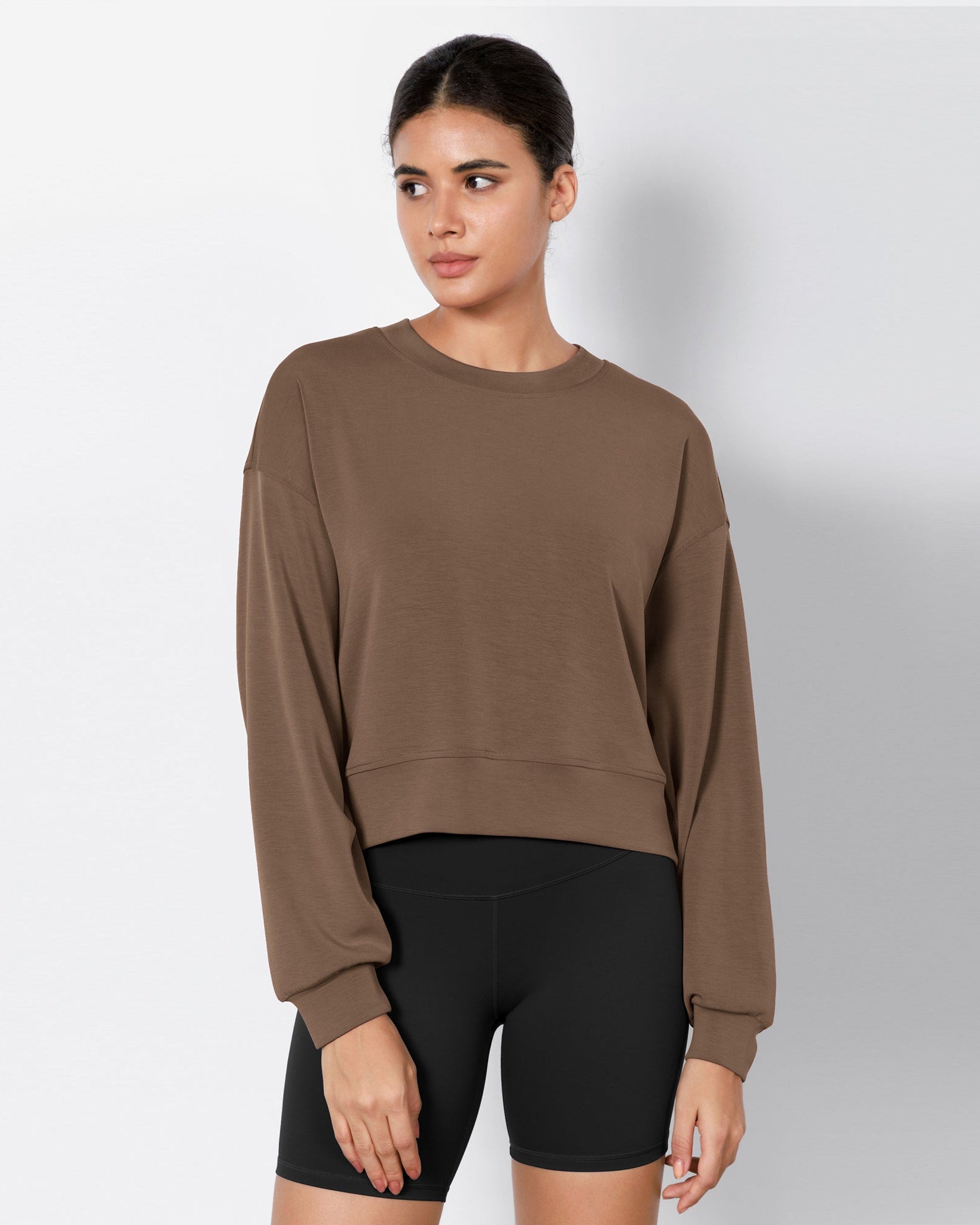 Modal Soft Long Sleeve Cropped Sweatshirts Nutria - ododos