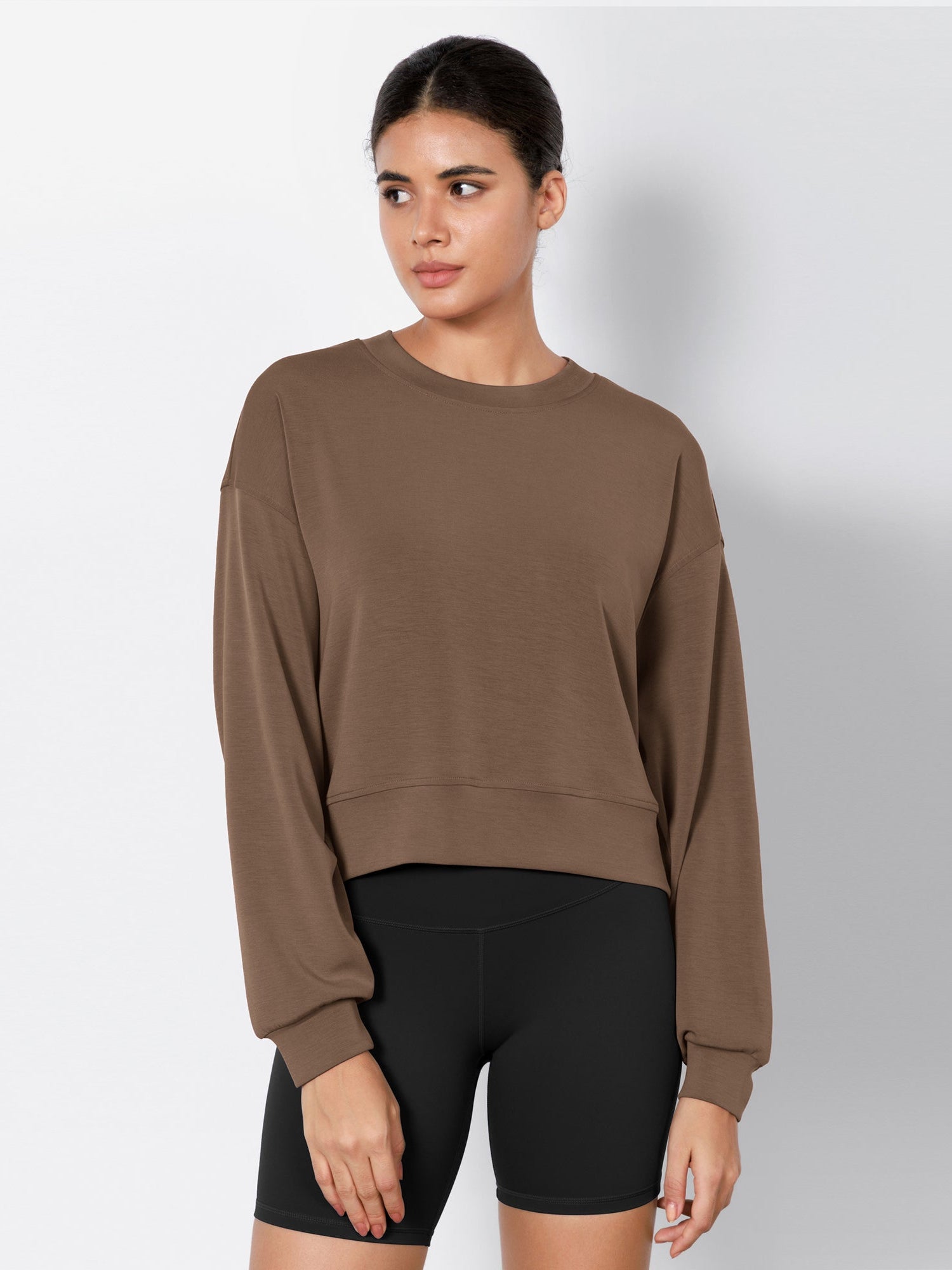 Modal Soft Long Sleeve Cropped Sweatshirts Nutria - ododos