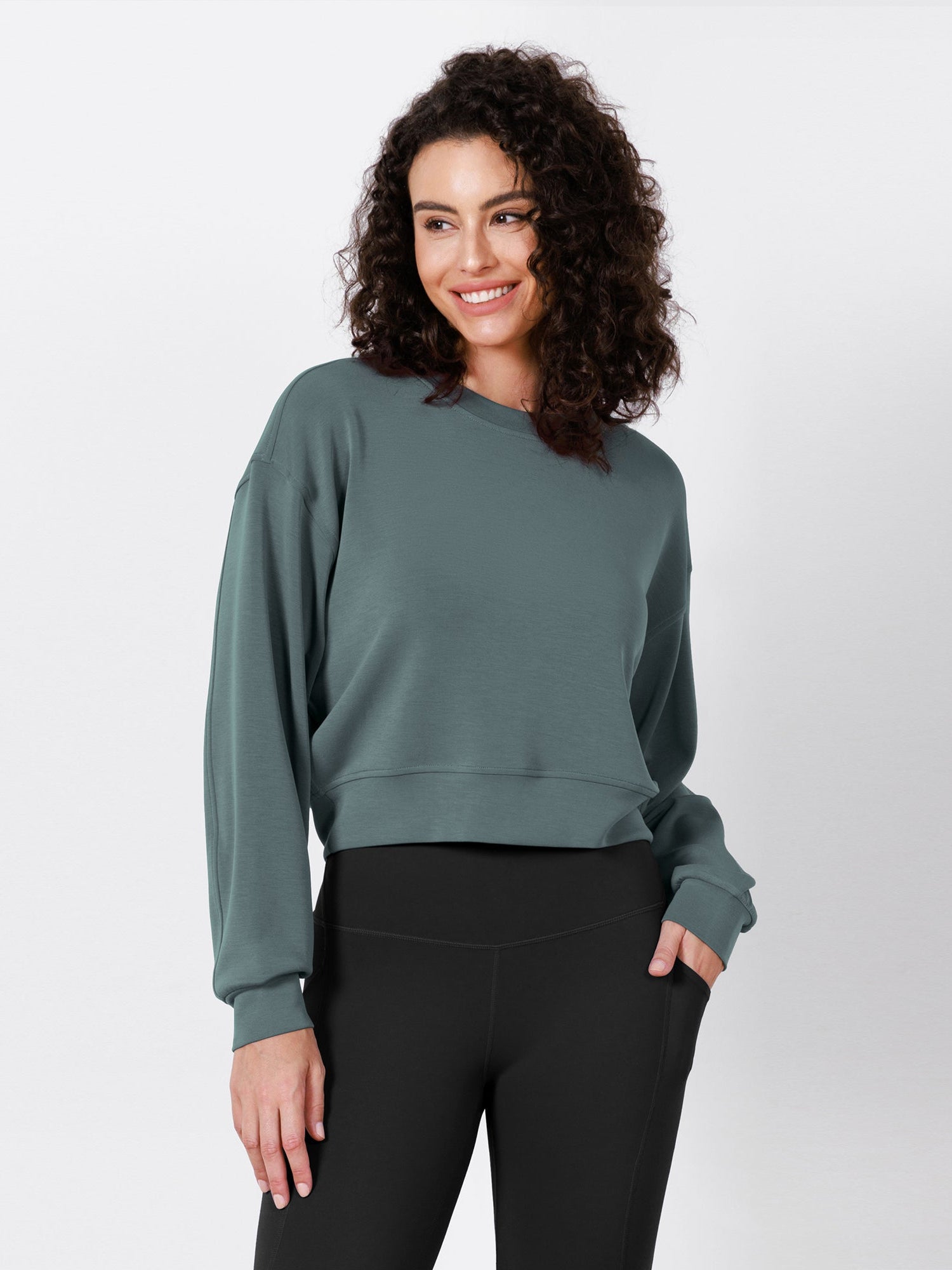 Modal Soft Long Sleeve Cropped Sweatshirts Slate Green - ododos