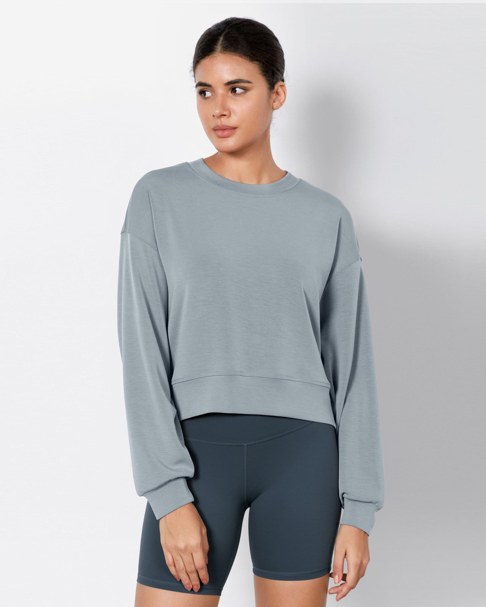 Modal Soft Long Sleeve Cropped Sweatshirts Grey Blue - ododos