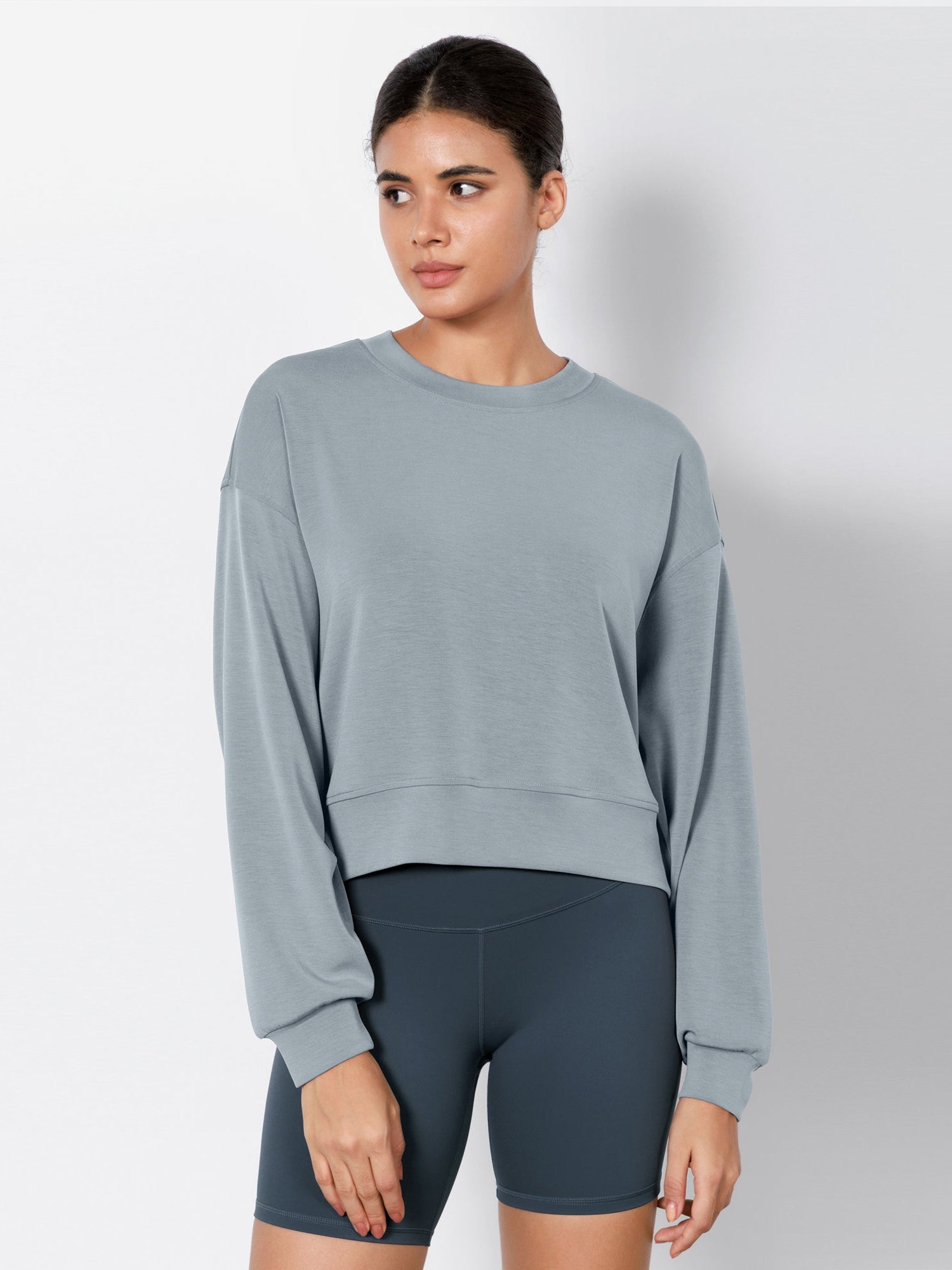 Modal Soft Long Sleeve Cropped Sweatshirts Grey Blue - ododos