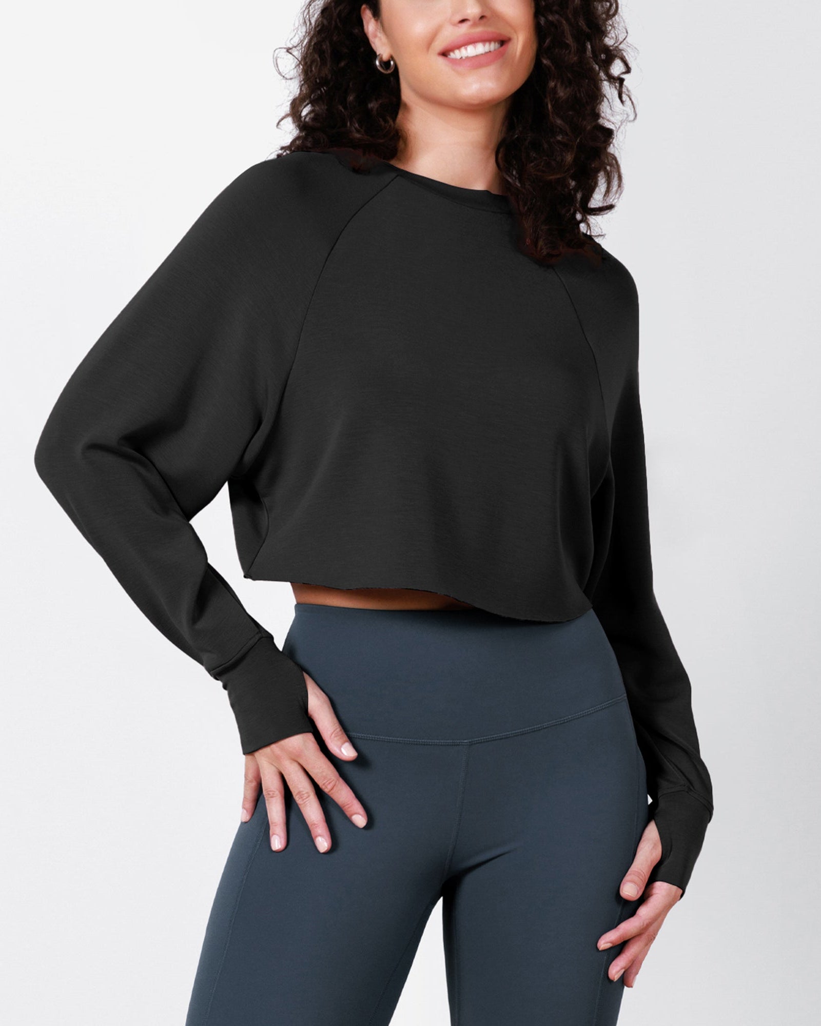 Modal Soft Long Sleeve Cropped Sweatshirts with Thumb Hole - ododos