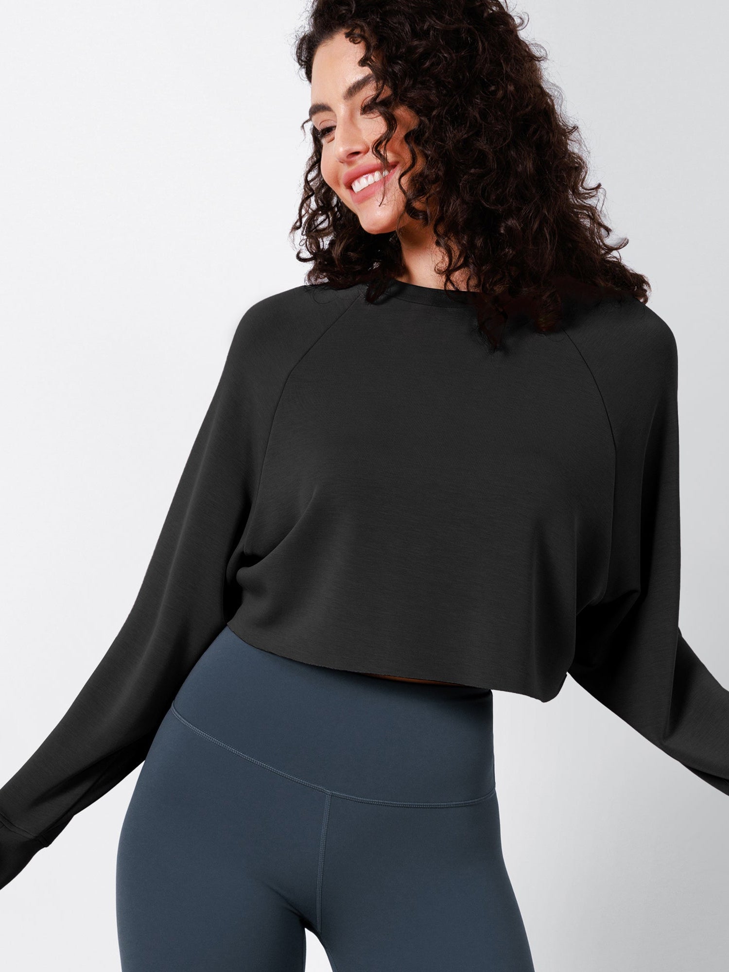 Modal Soft Long Sleeve Cropped Sweatshirts with Thumb Hole Black - ododos