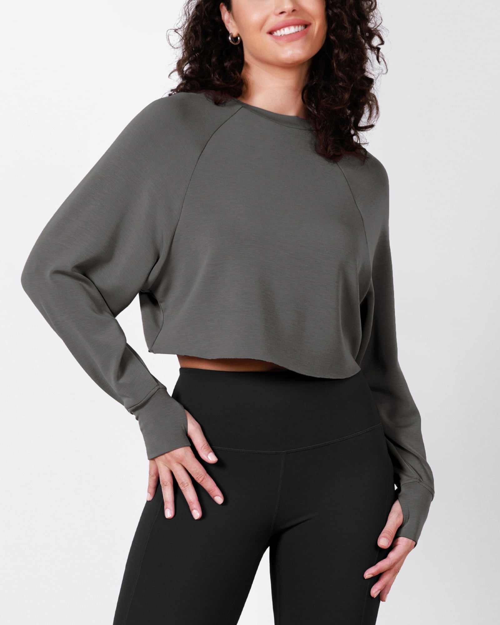 Modal Soft Long Sleeve Cropped Sweatshirts with Thumb Hole - ododos