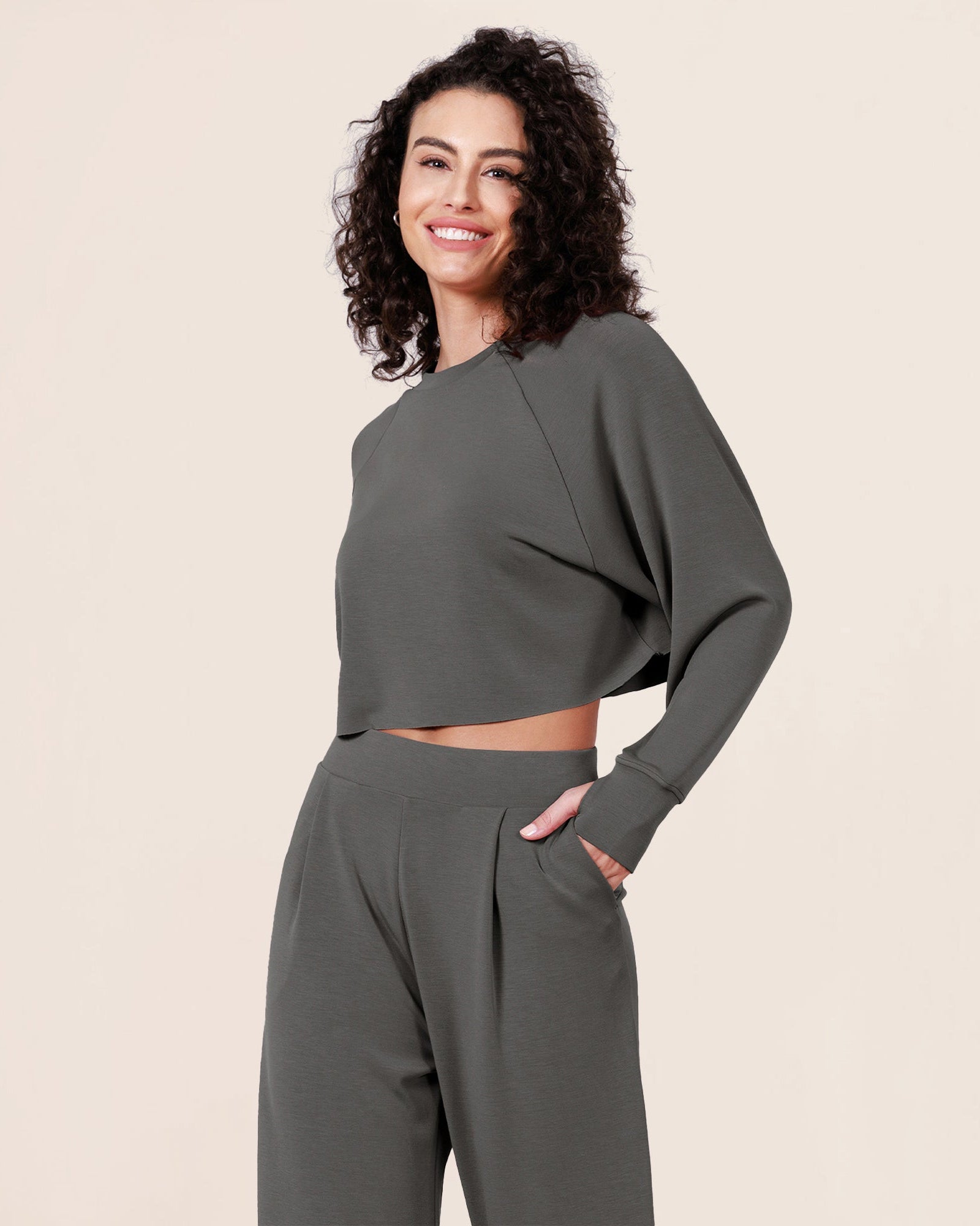 Modal Soft Long Sleeve Cropped Sweatshirts with Thumb Hole Charcoal - ododos