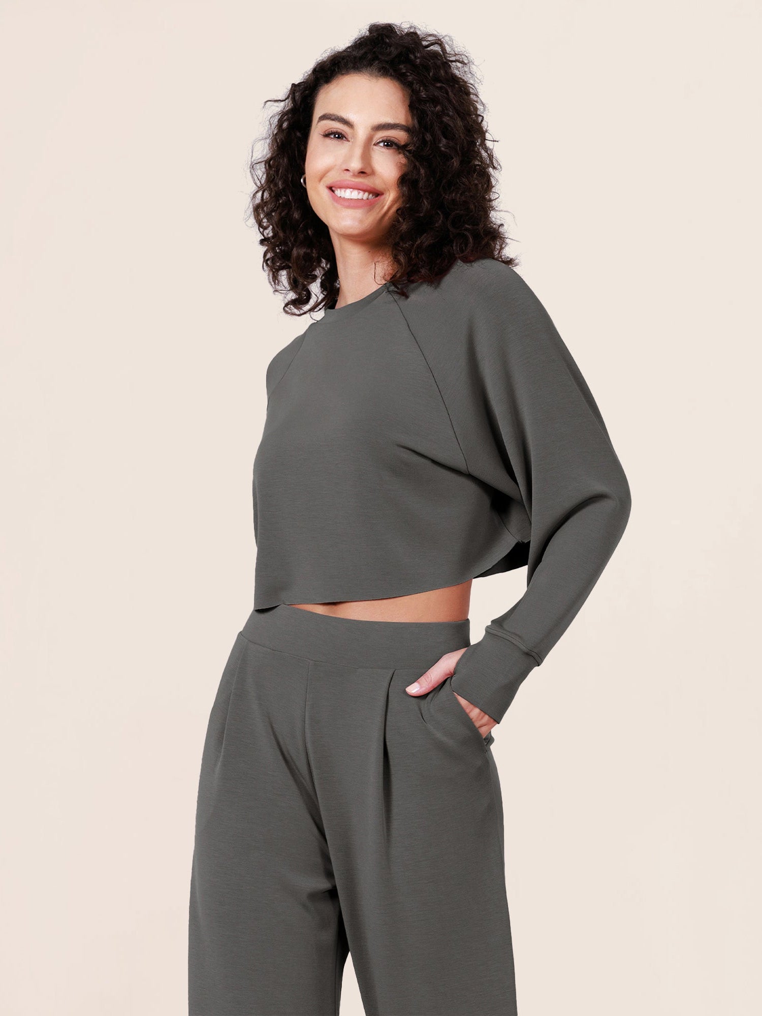 Modal Soft Long Sleeve Cropped Sweatshirts with Thumb Hole Charcoal - ododos