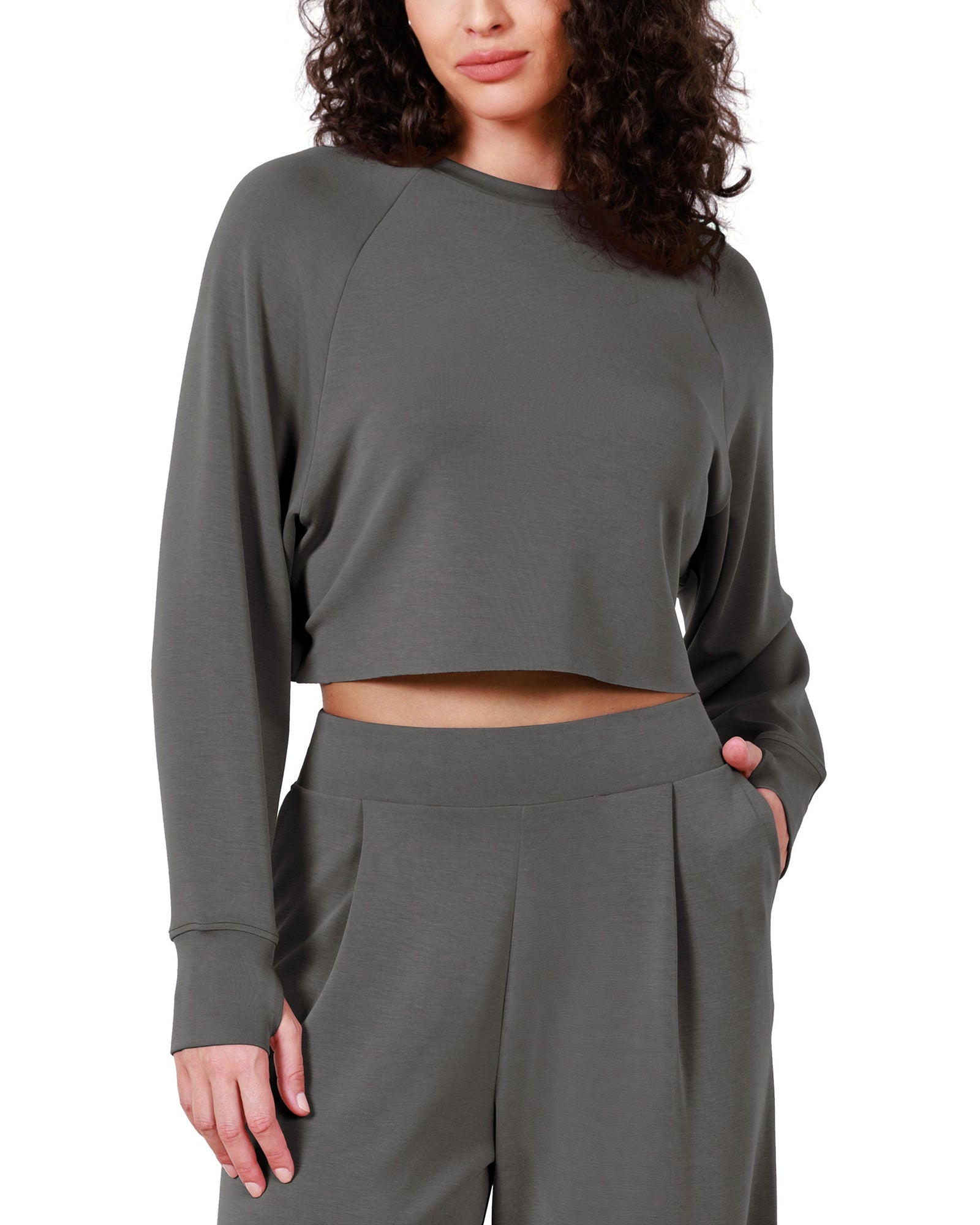 Modal Soft Long Sleeve Cropped Sweatshirts with Thumb Hole - ododos