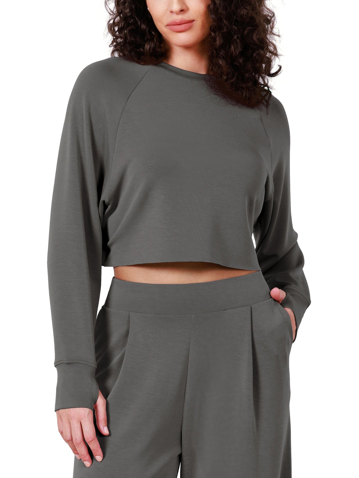 Modal Soft Long Sleeve Cropped Sweatshirts with Thumb Hole - ododos