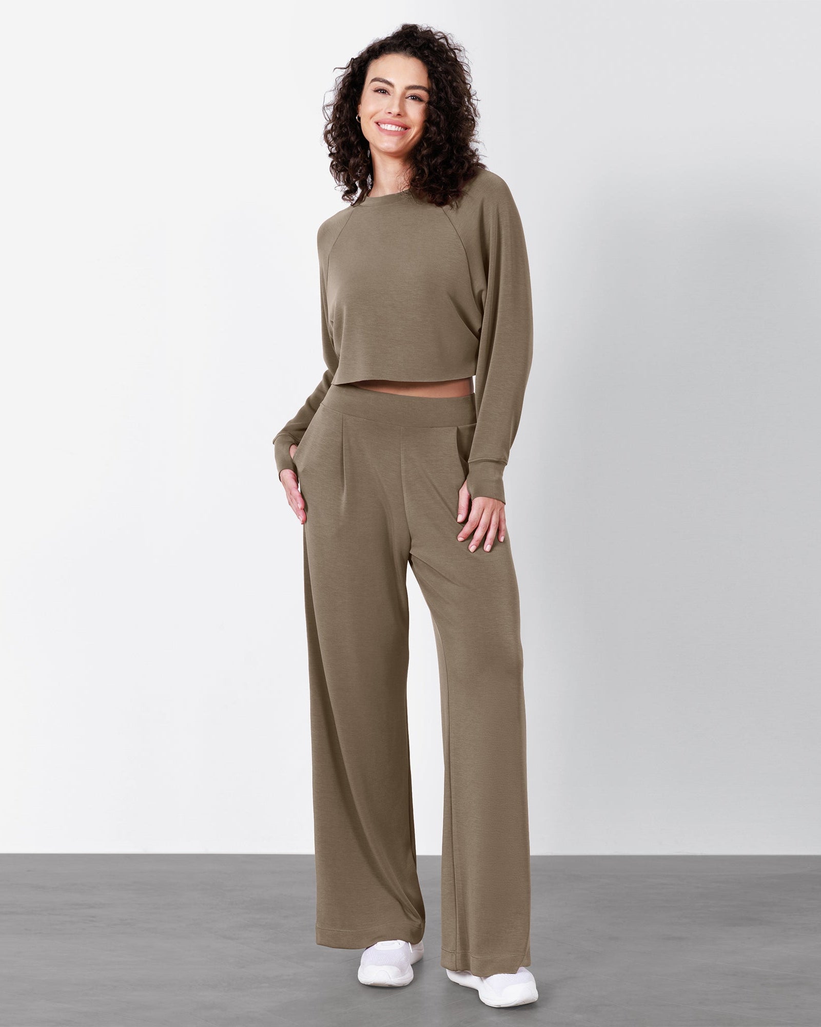 Modal Soft Long Sleeve Cropped Sweatshirts with Thumb Hole Espresso - ododos