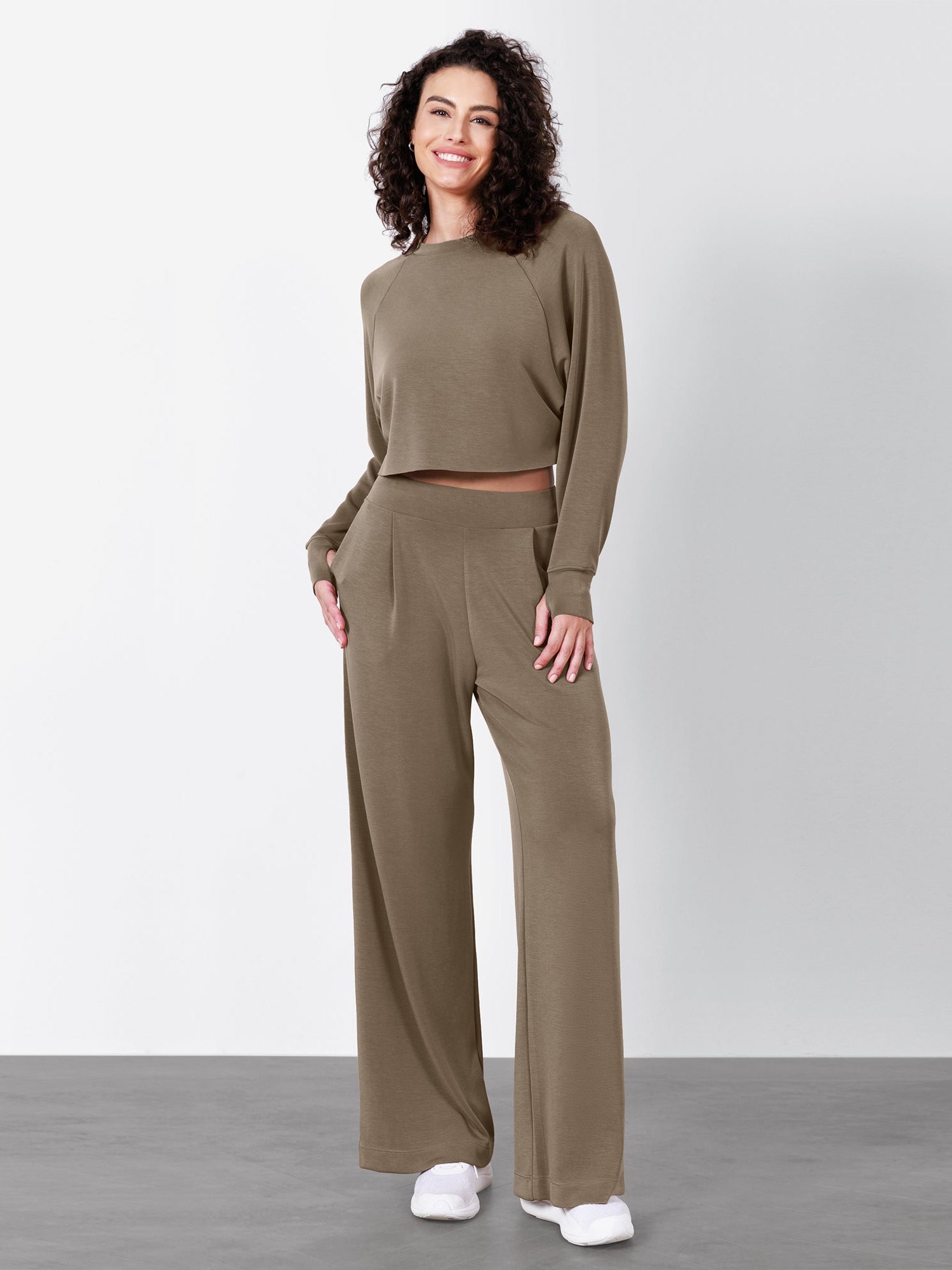 Modal Soft Long Sleeve Cropped Sweatshirts with Thumb Hole Espresso - ododos