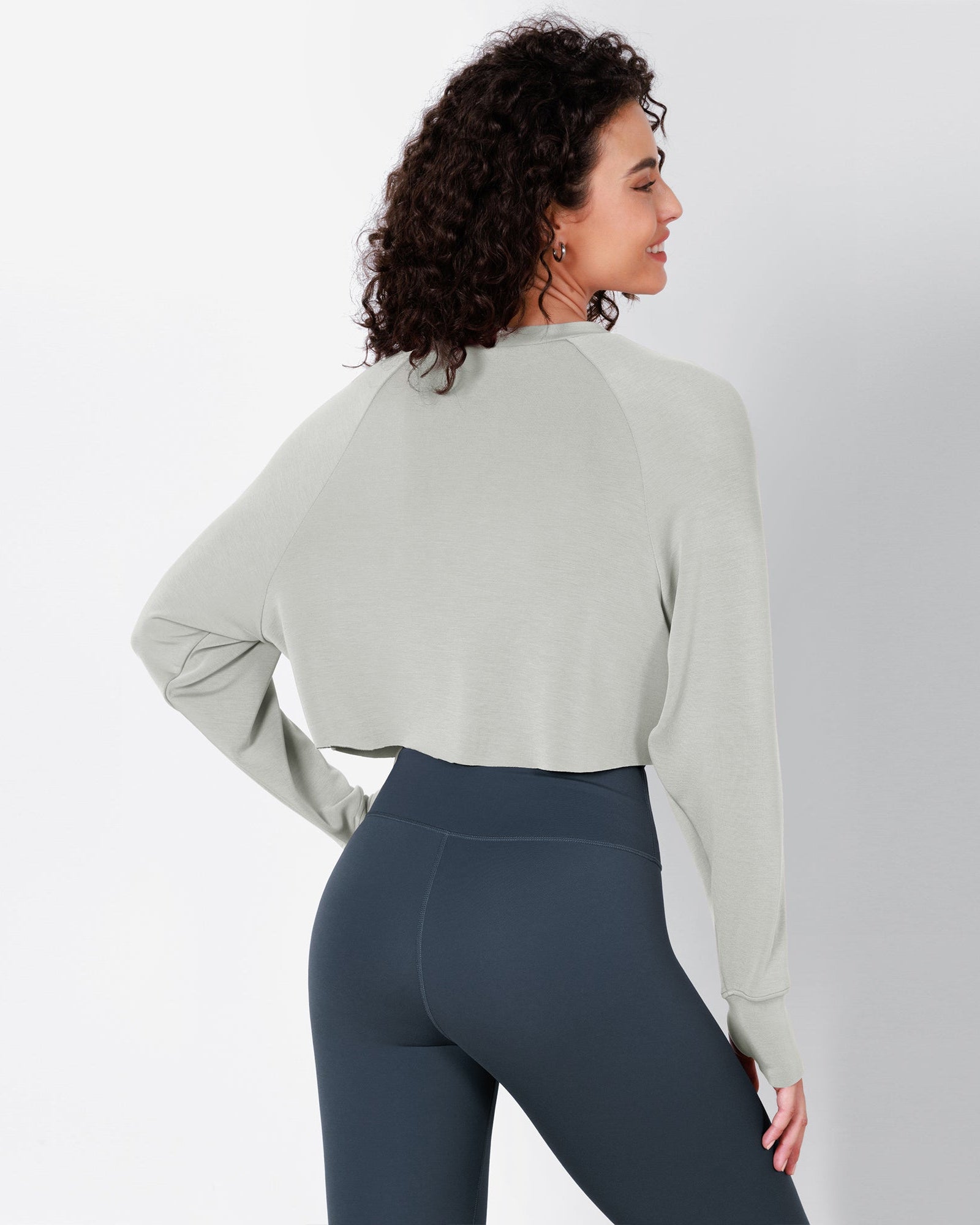 Modal Soft Long Sleeve Cropped Sweatshirts with Thumb Hole Frosted Mint - ododos