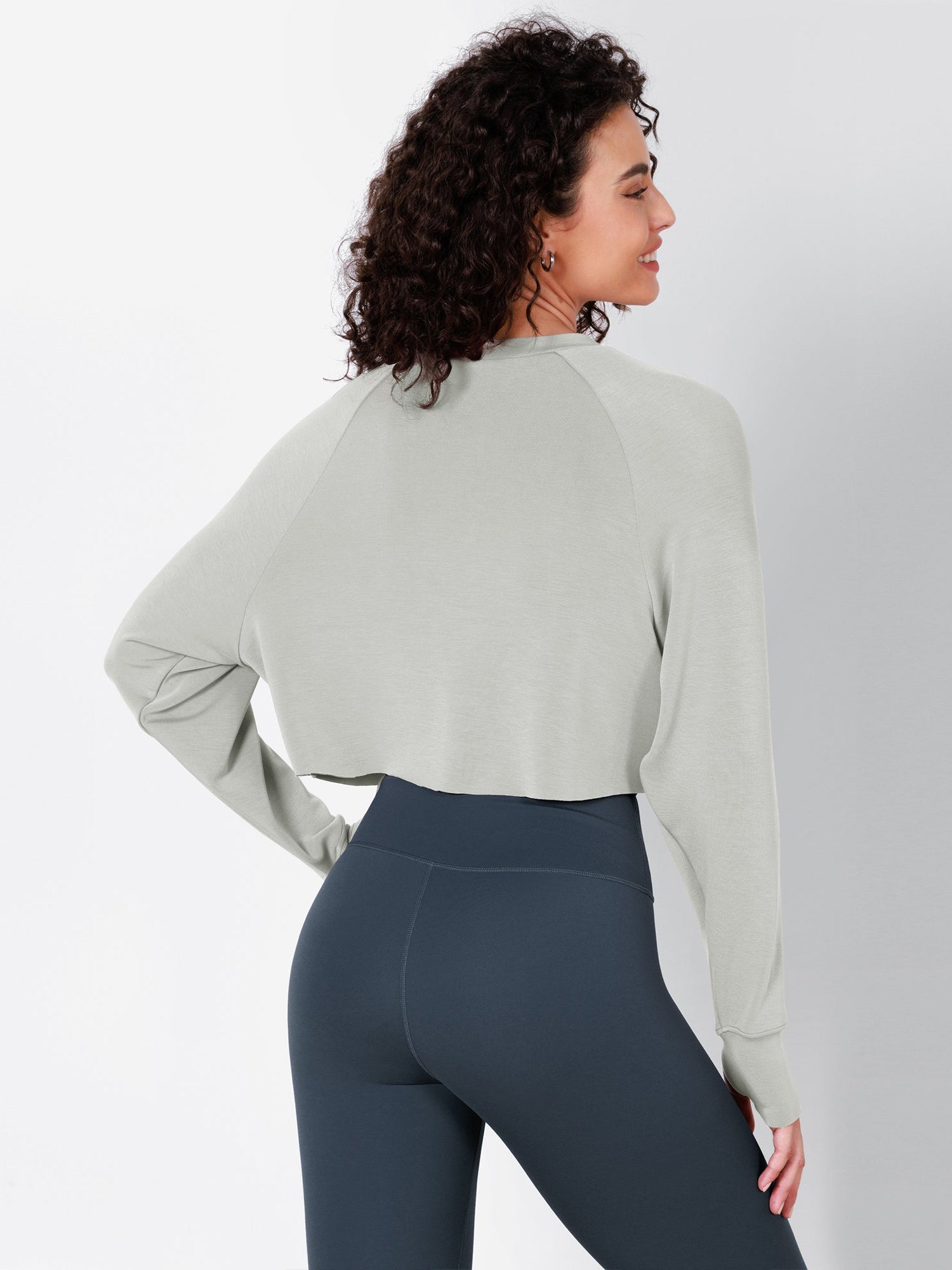 Modal Soft Long Sleeve Cropped Sweatshirts with Thumb Hole Frosted Mint - ododos