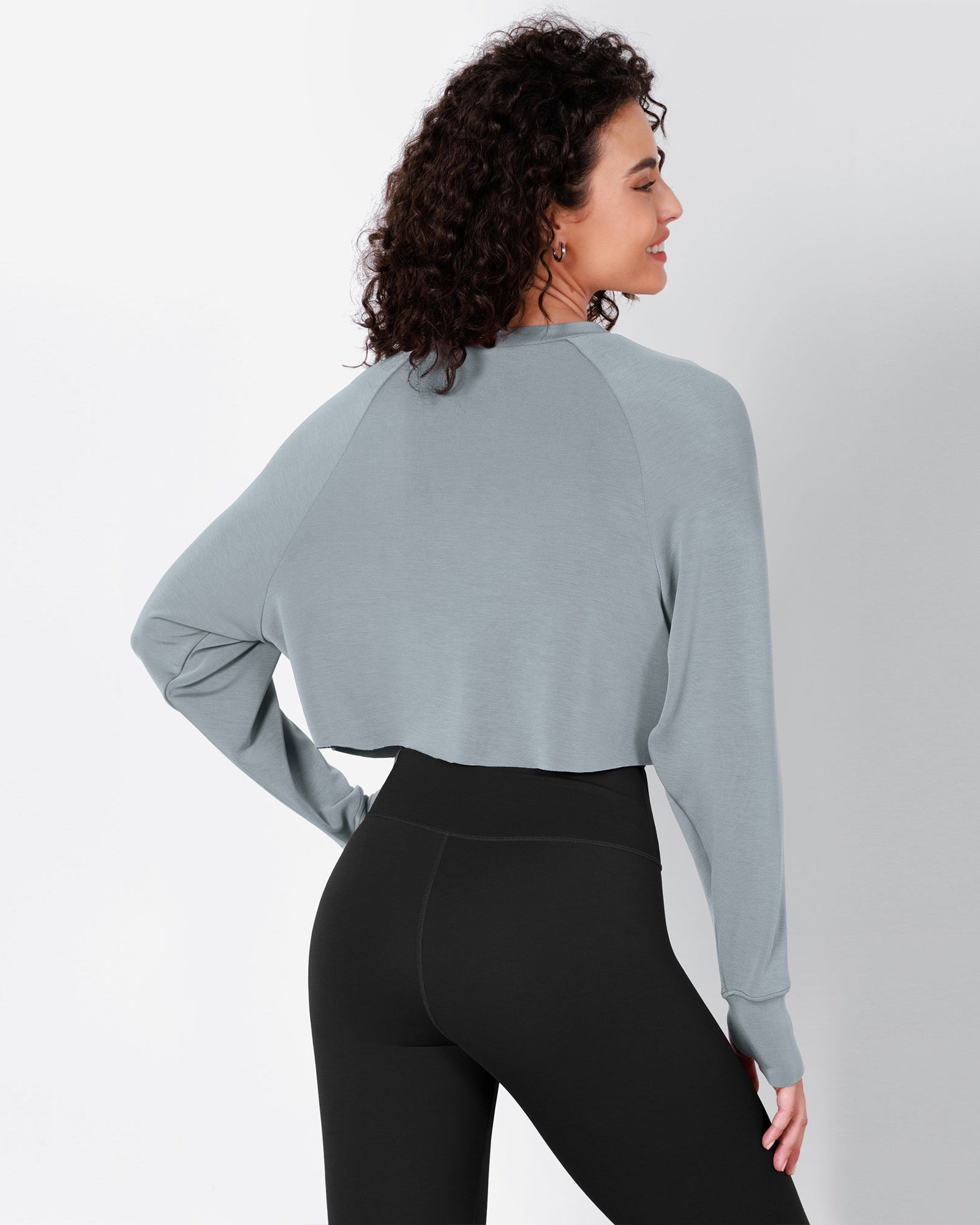 Modal Soft Long Sleeve Cropped Sweatshirts with Thumb Hole Grey Blue - ododos