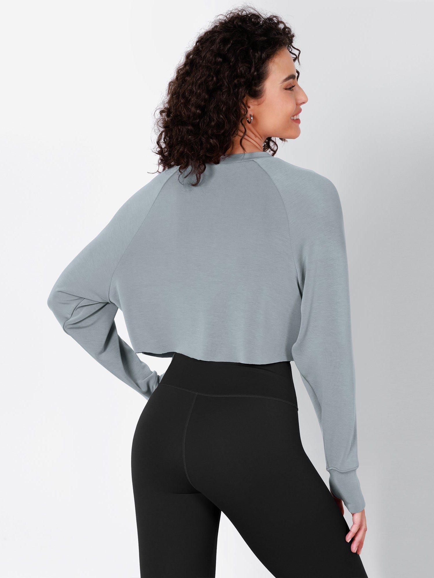 Modal Soft Long Sleeve Cropped Sweatshirts with Thumb Hole Grey Blue - ododos