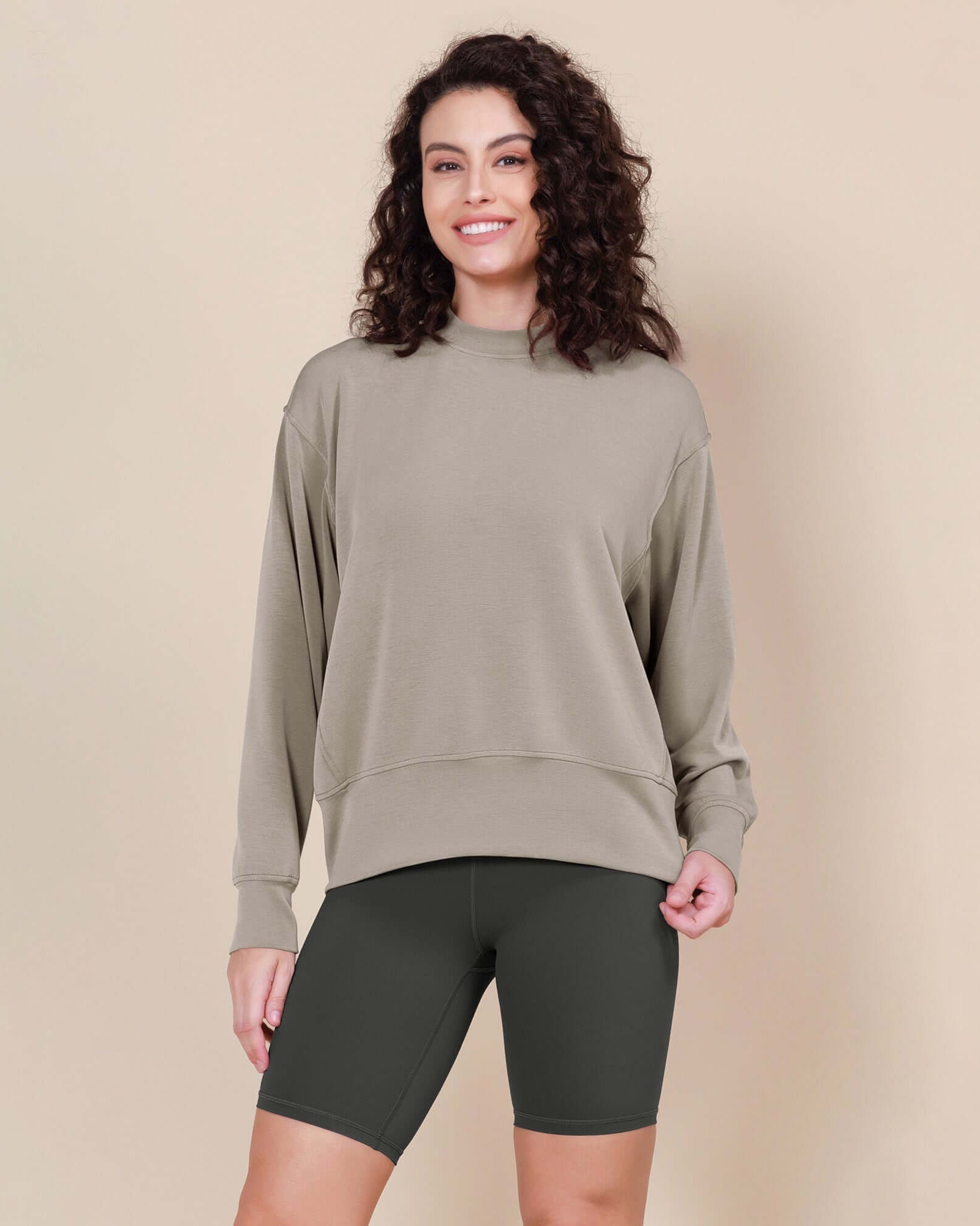 Modal Soft Long Sleeve Oversized Sweatshirts Khaki - ododos