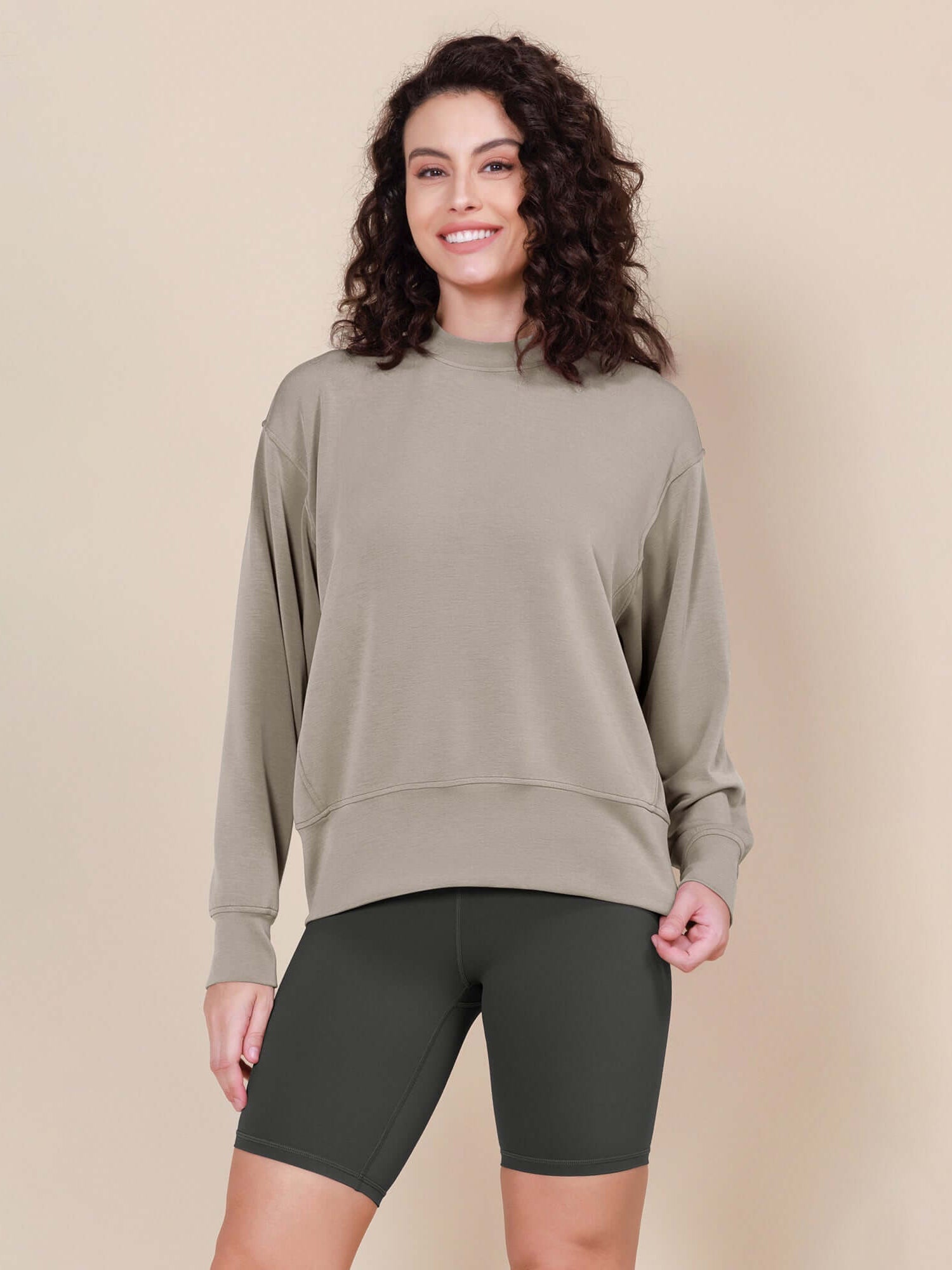 Modal Soft Long Sleeve Oversized Sweatshirts Khaki - ododos