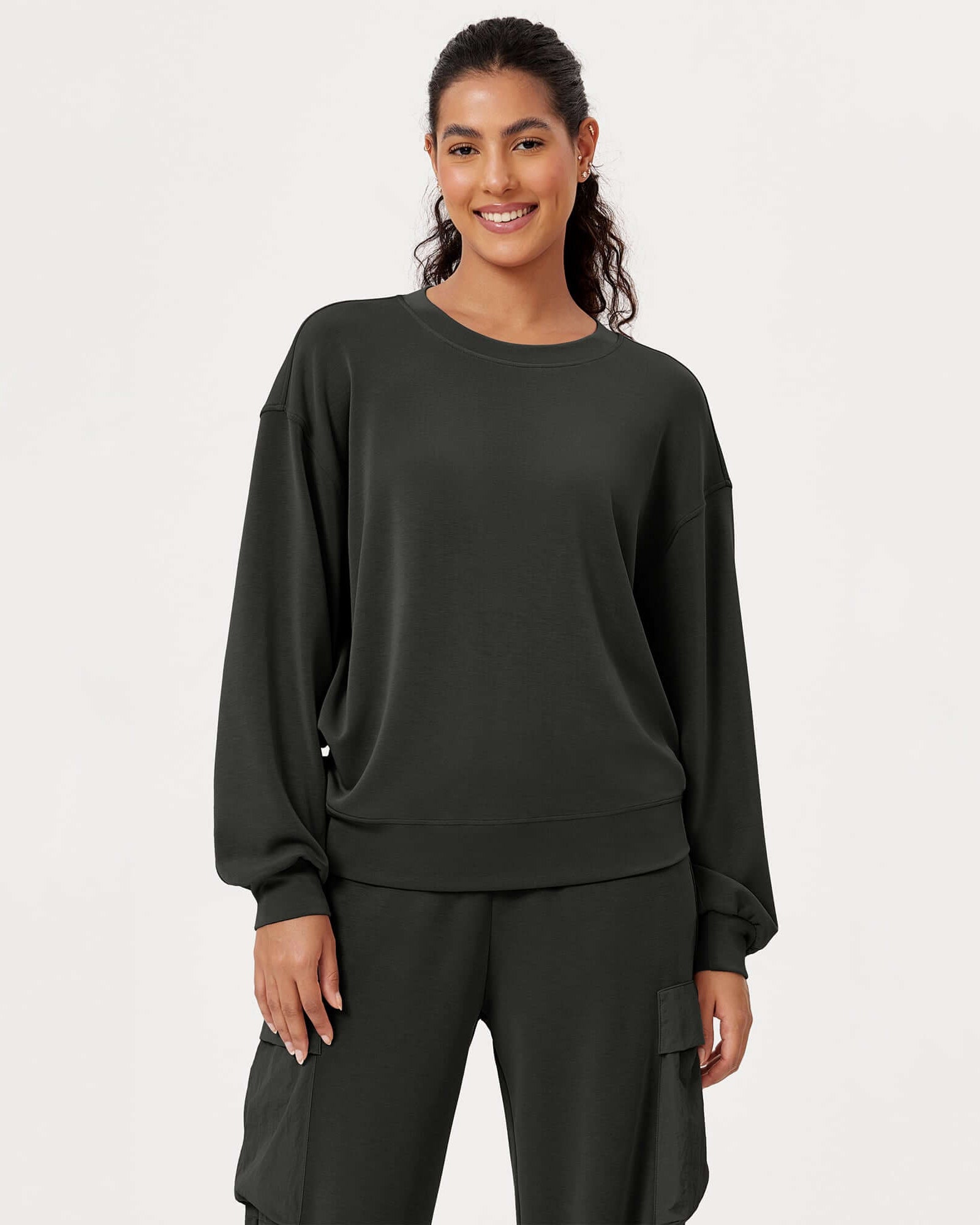 Modal Soft Oversized Crew Neck Sweatshirts Black - ododos