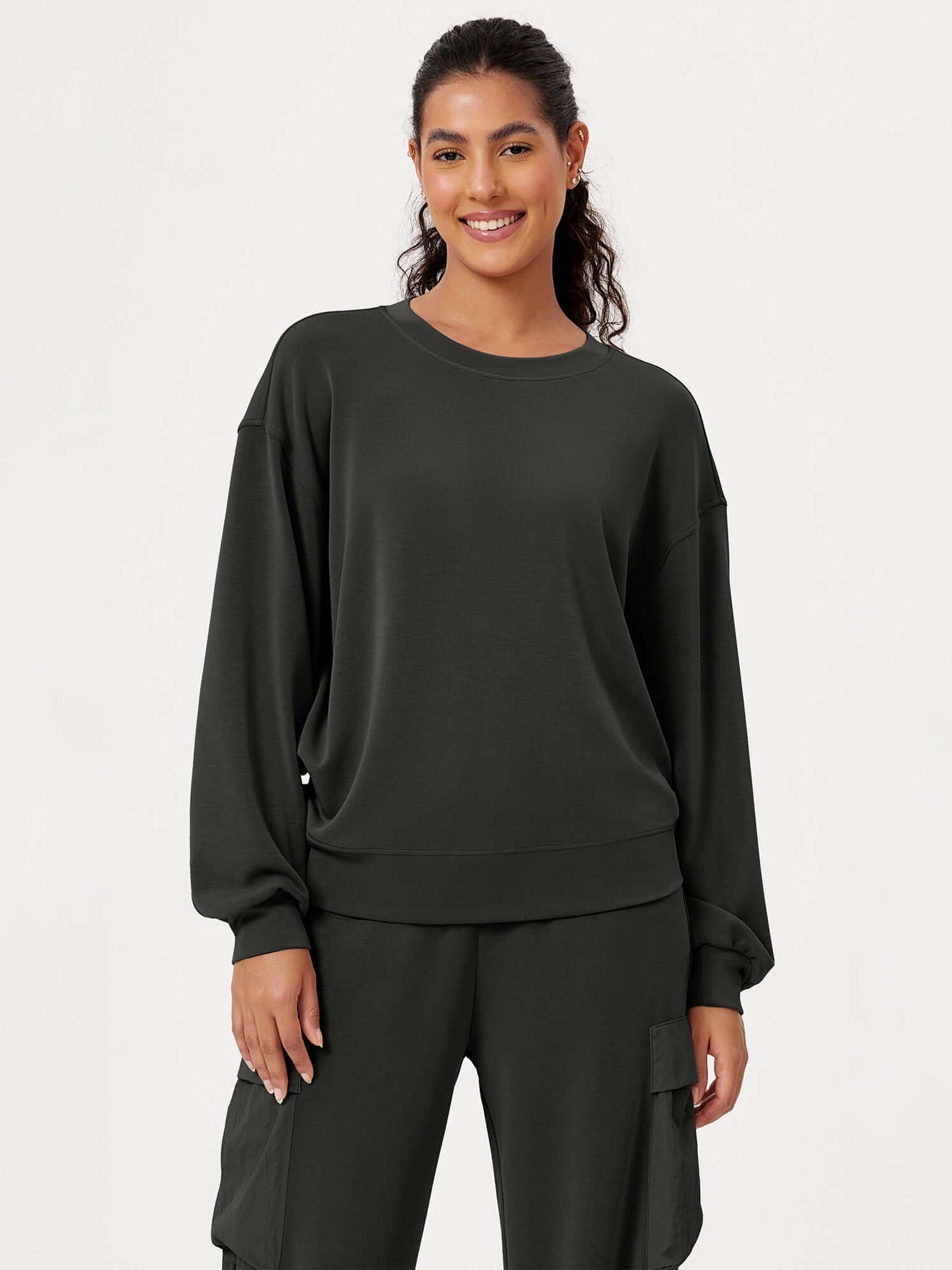 Modal Soft Oversized Crew Neck Sweatshirts Black - ododos