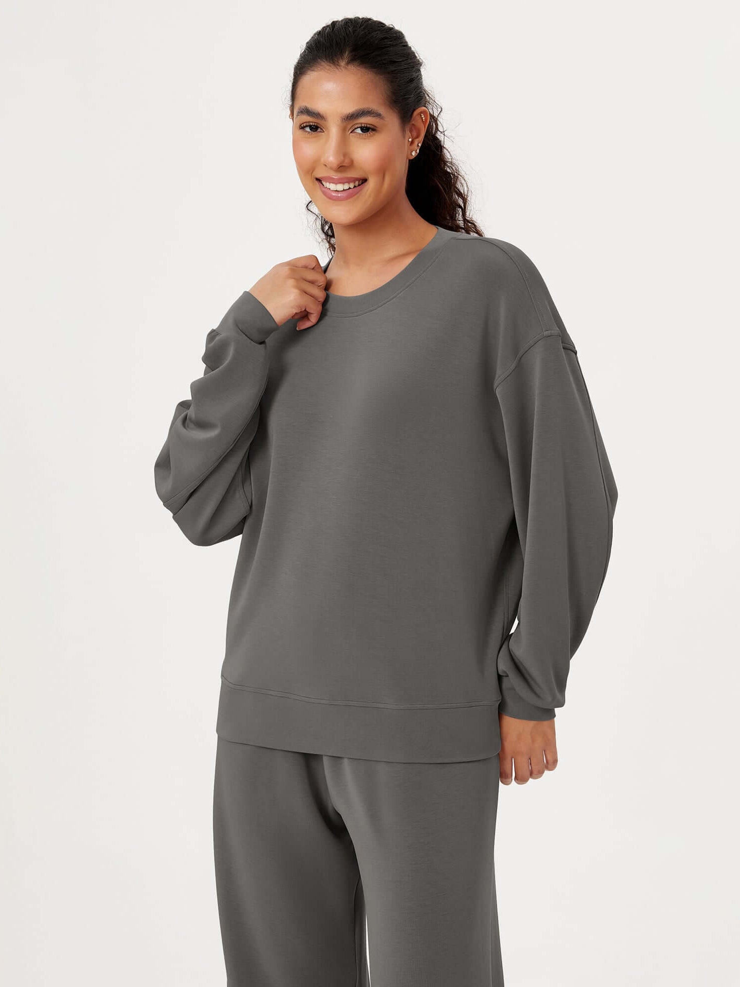 Modal Soft Oversized Crew Neck Sweatshirts Charcoal - ododos