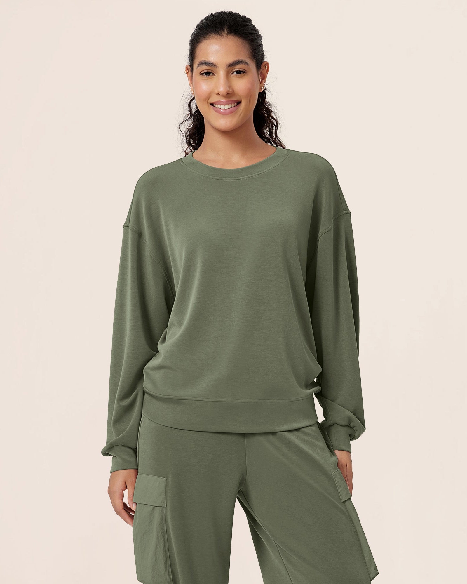 Modal Soft Oversized Crew Neck Sweatshirts Dark Sage - ododos