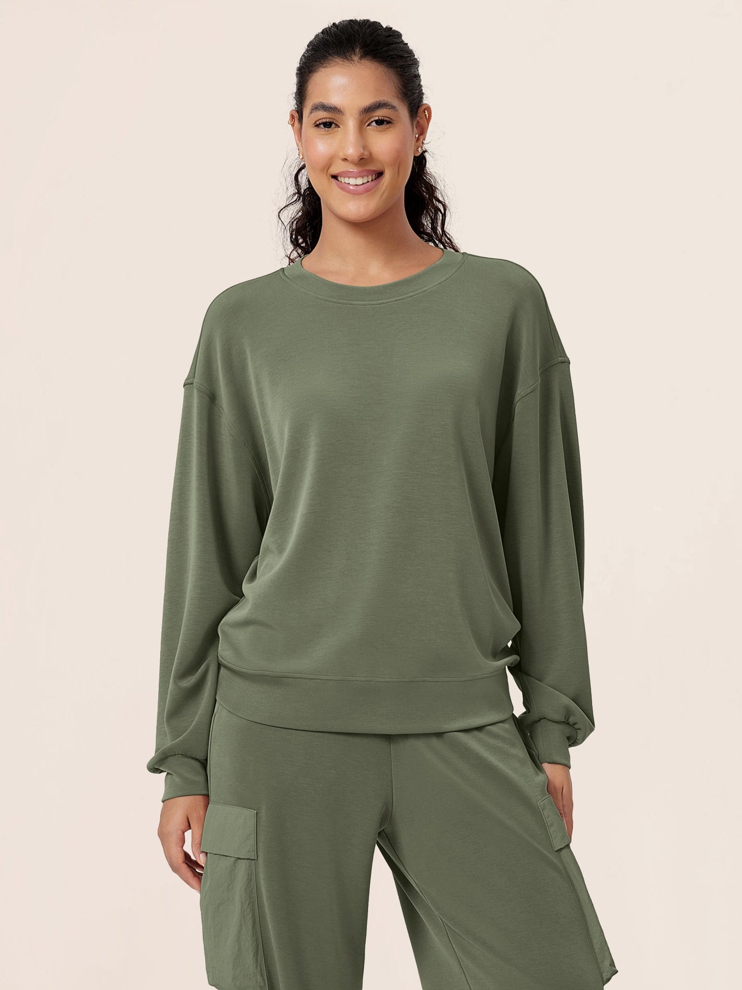 Modal Soft Oversized Crew Neck Sweatshirts Dark Sage - ododos
