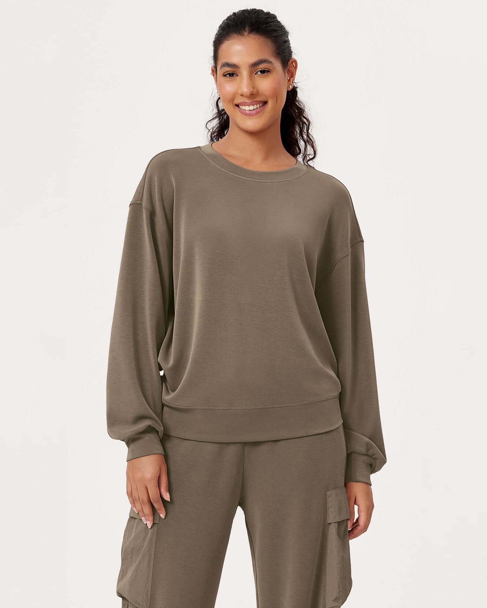 Modal Soft Oversized Crew Neck Sweatshirts Espresso - ododos